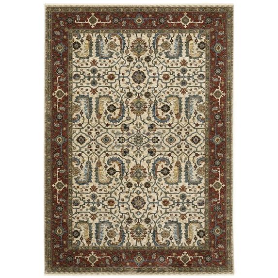 Ivory and Red Floral Motif Rectangular Area Rug