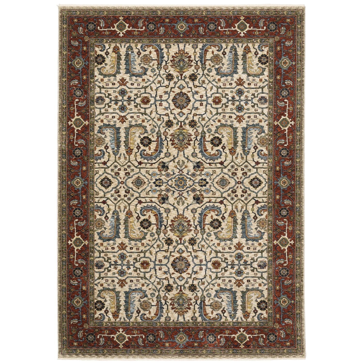 Ivory and Red Floral Motif Rectangular Area Rug