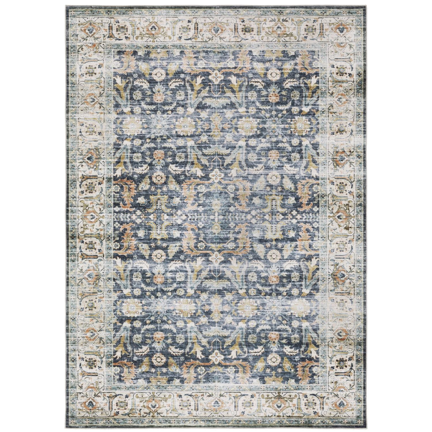 Charleston Blue and Gold Washable Polyester Area Rug 3'6" x 5'6"