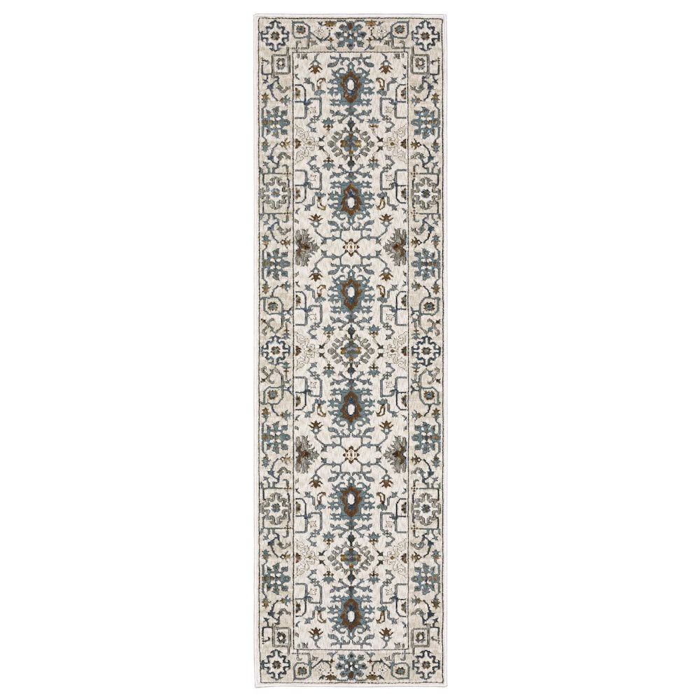 Ivory and Blue Synthetic Persian Runner Rug 2.3x7.6