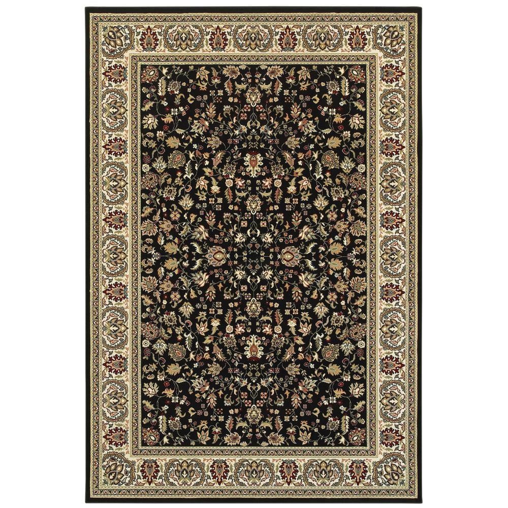 Kashan Black and Ivory Rectangular Synthetic Area Rug