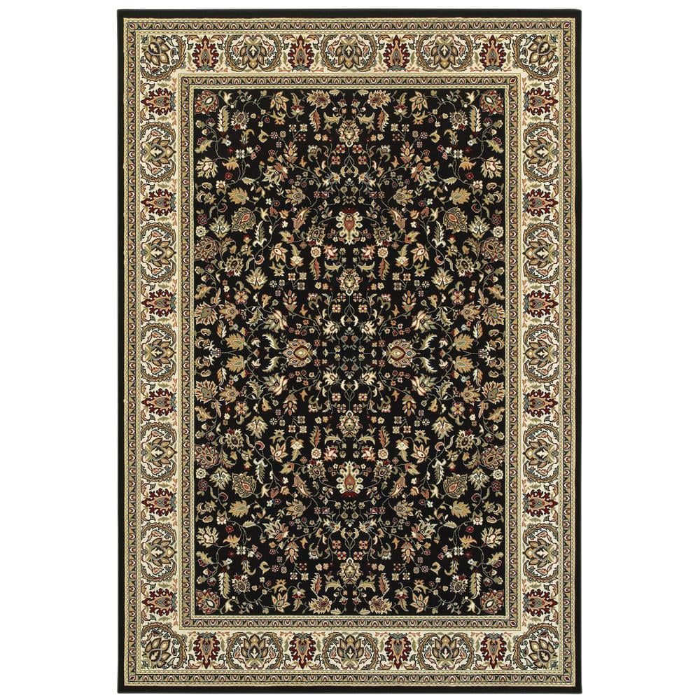 Kashan Black and Ivory Rectangular Synthetic Area Rug