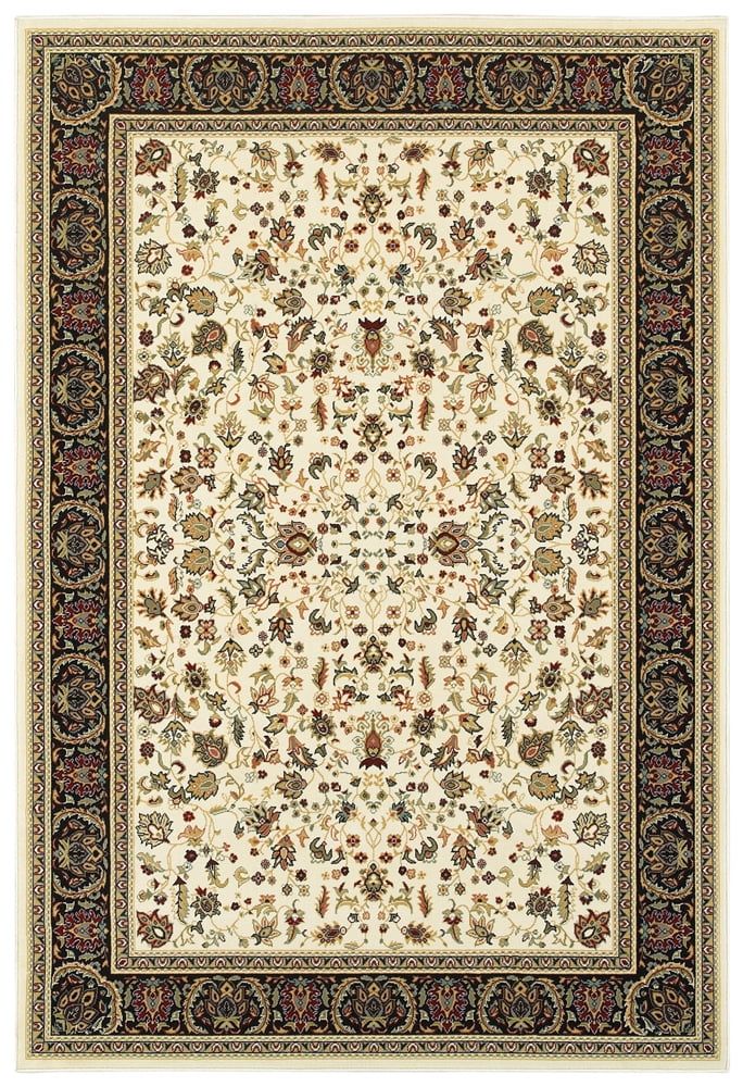 Kashan Ivory and Black Synthetic Rectangular Area Rug