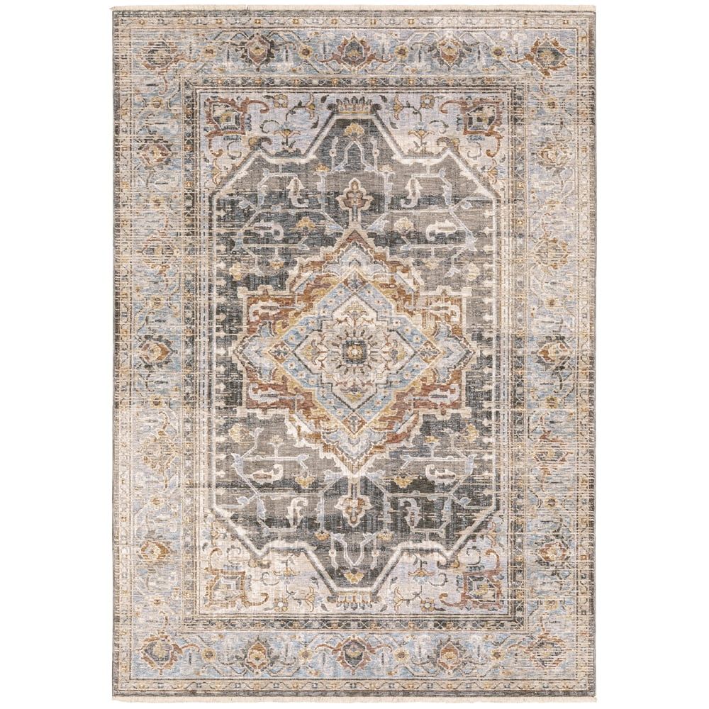 Large Gray and Blue Synthetic Traditional Area Rug