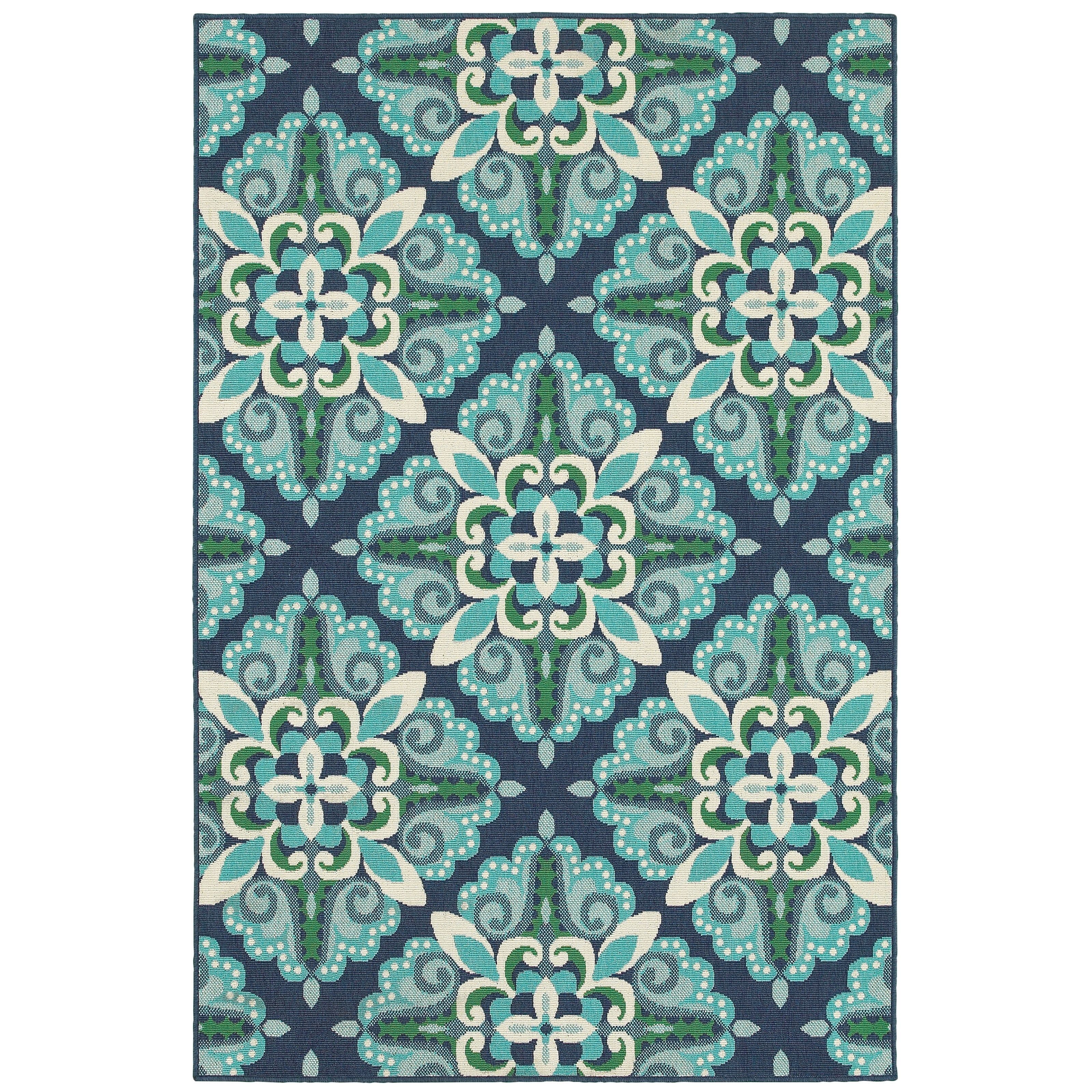 Blue and Green Synthetic Oriental Rectangular Area Rug