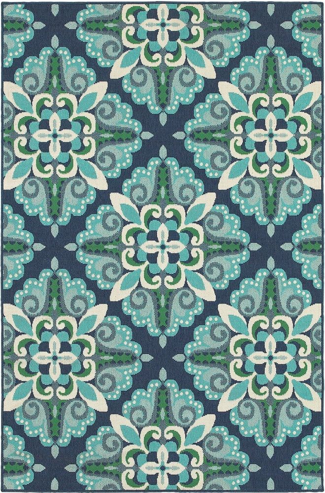 Rectangular Blue Geometric Stain-Resistant Synthetic Rug