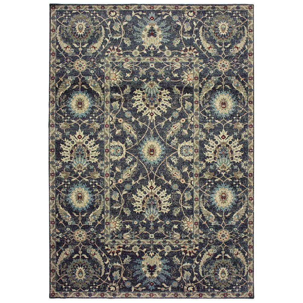 Ivory and Navy Oriental 9' x 12' Synthetic Area Rug