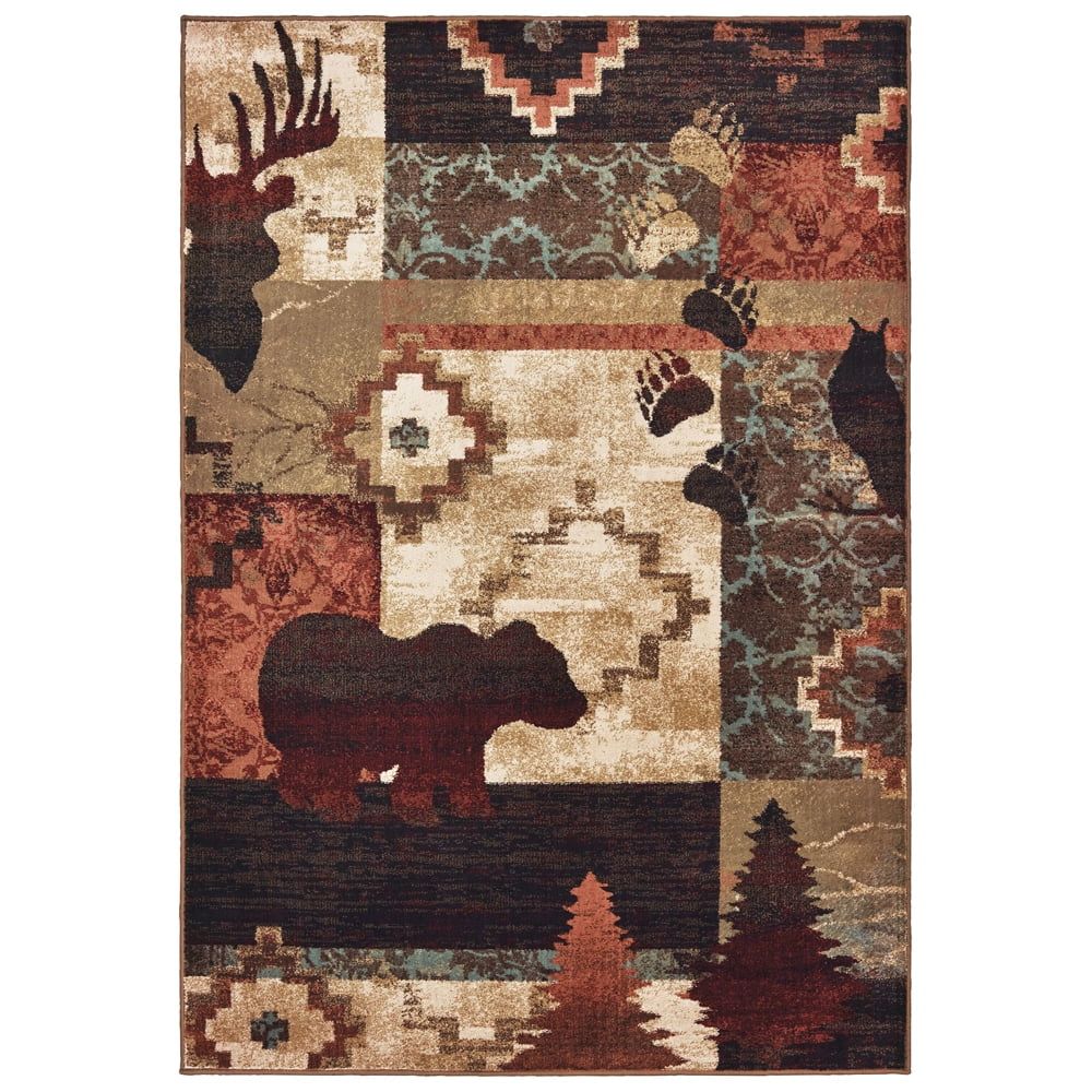 Ivory Woodland Motif Easy-Care Synthetic Area Rug