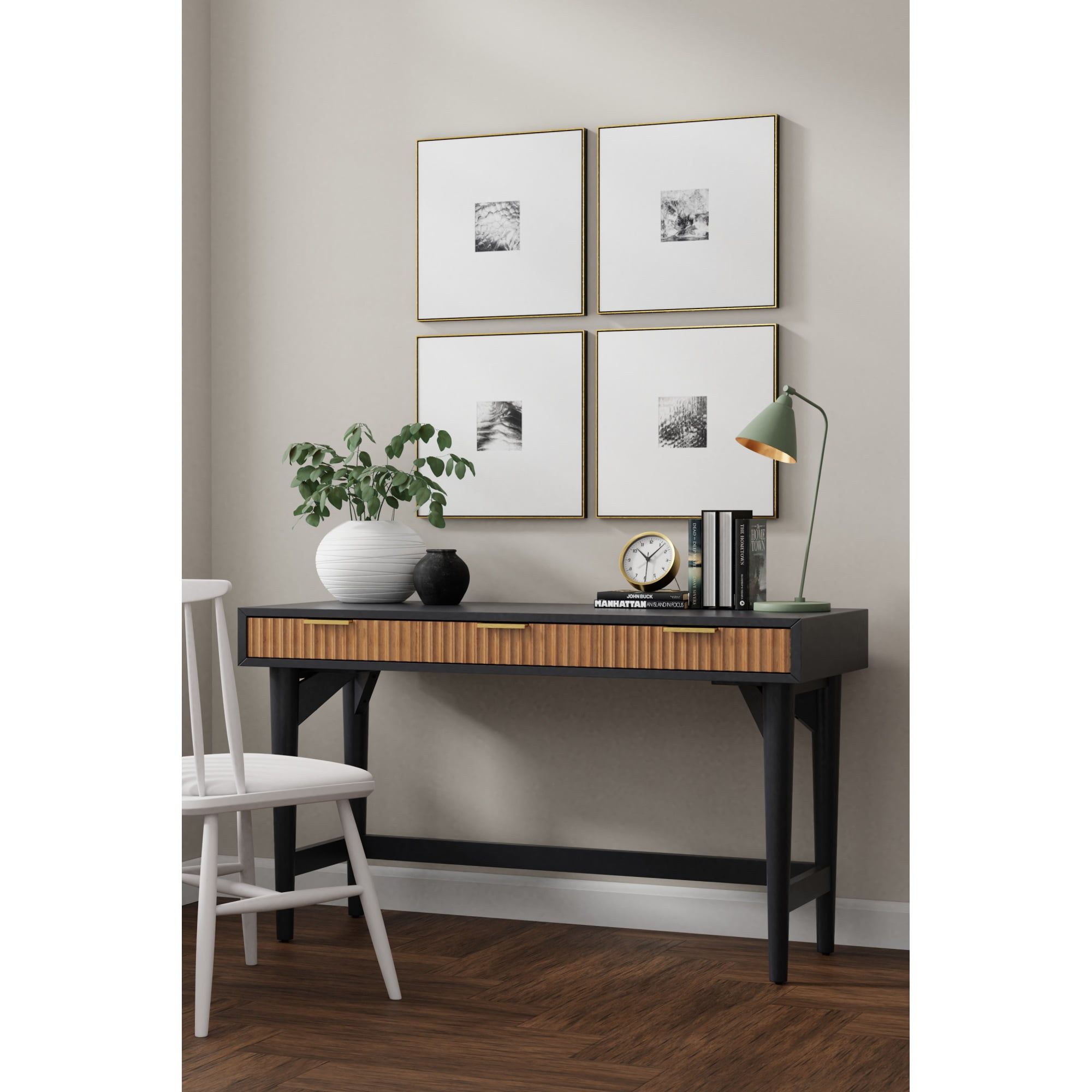 Transitional Black-Brown Wood Home Office Desk with 3 Drawers