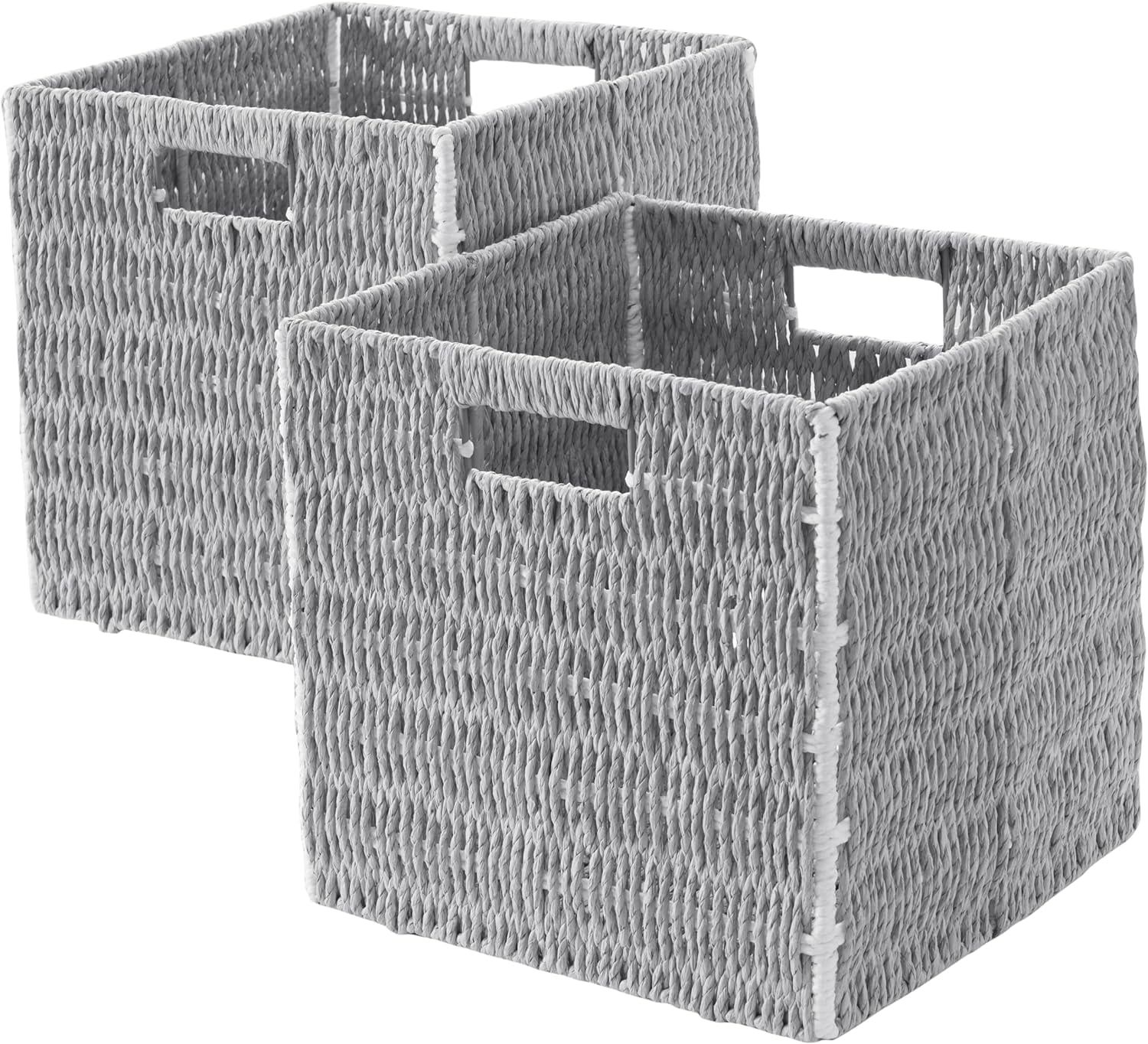 Ornavo Home 2 Pack Paper Wicker Storage Basket Cube Bin, Foldable Hand Woven Shelf Storage Bin Basket with Handles for Organizing, White/Gray