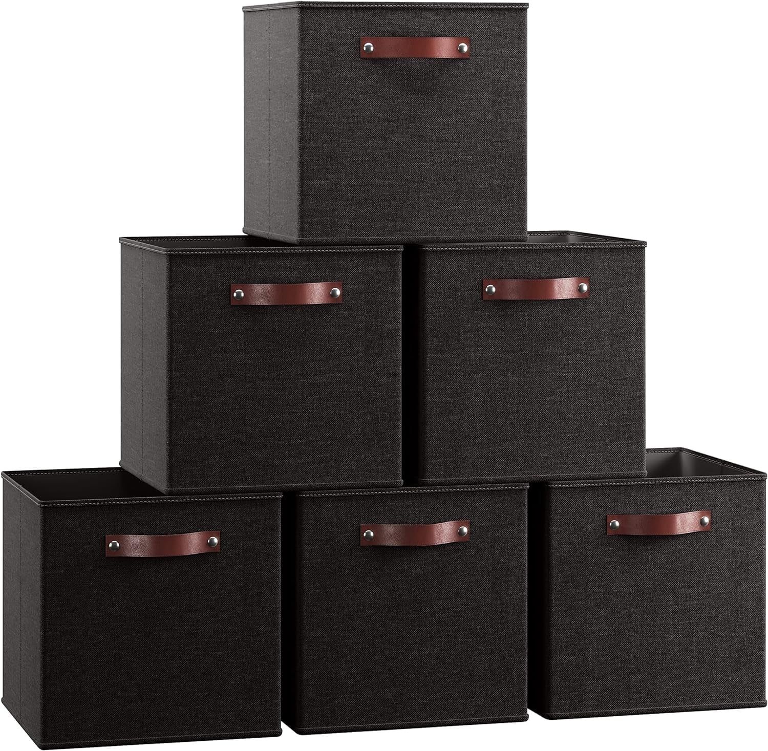 Black Linen Cube Storage Bins with Leather Handles, Set of 6