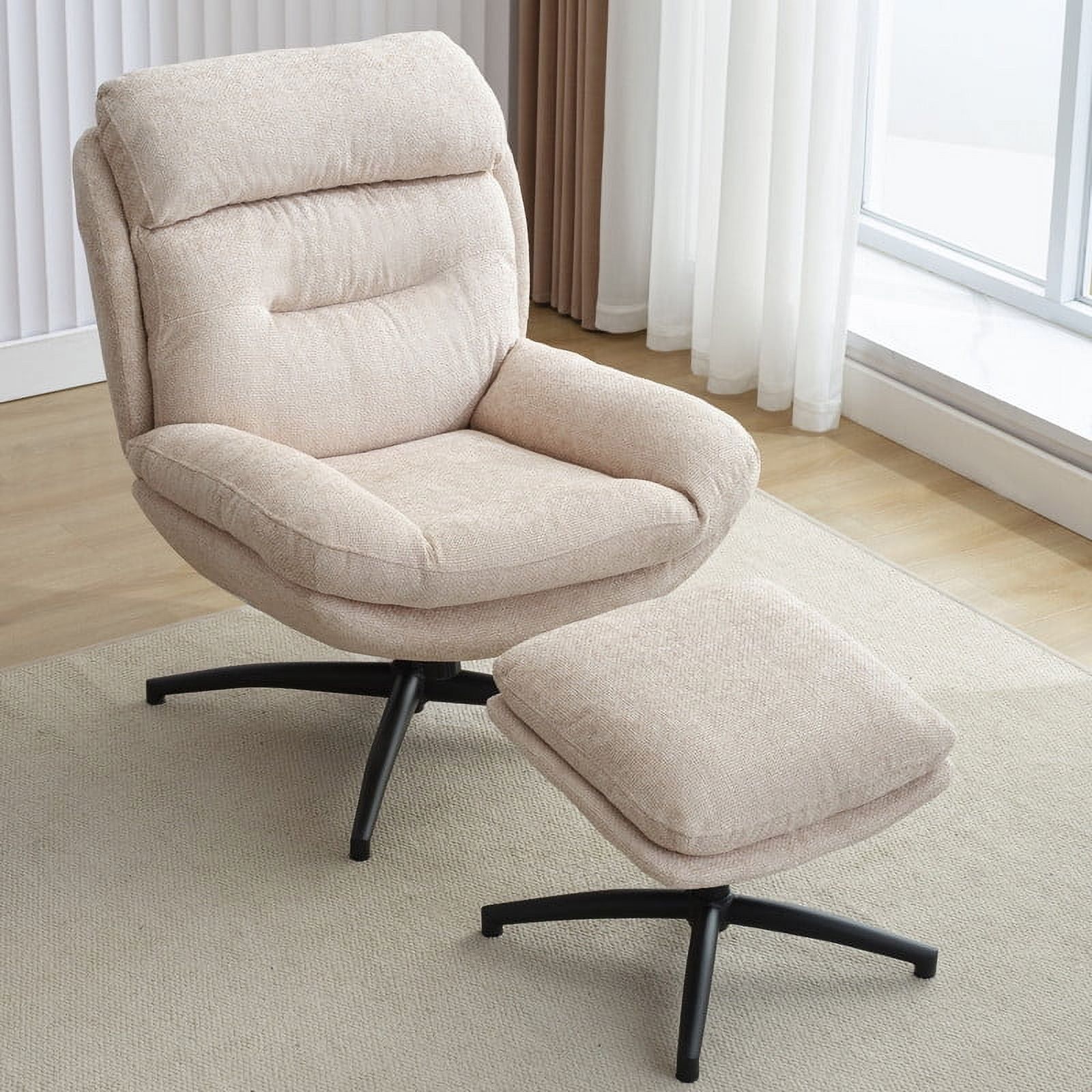 Beige Chenille Swivel Accent Chair with Ottoman