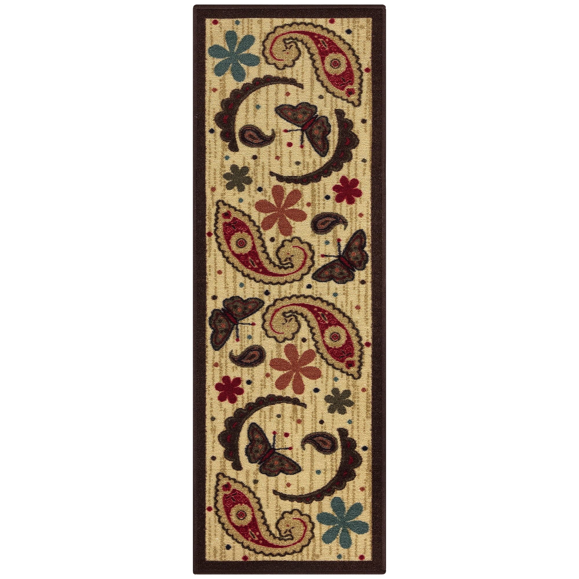 Beige and Red Paisley Non-Slip Kitchen Runner Rug