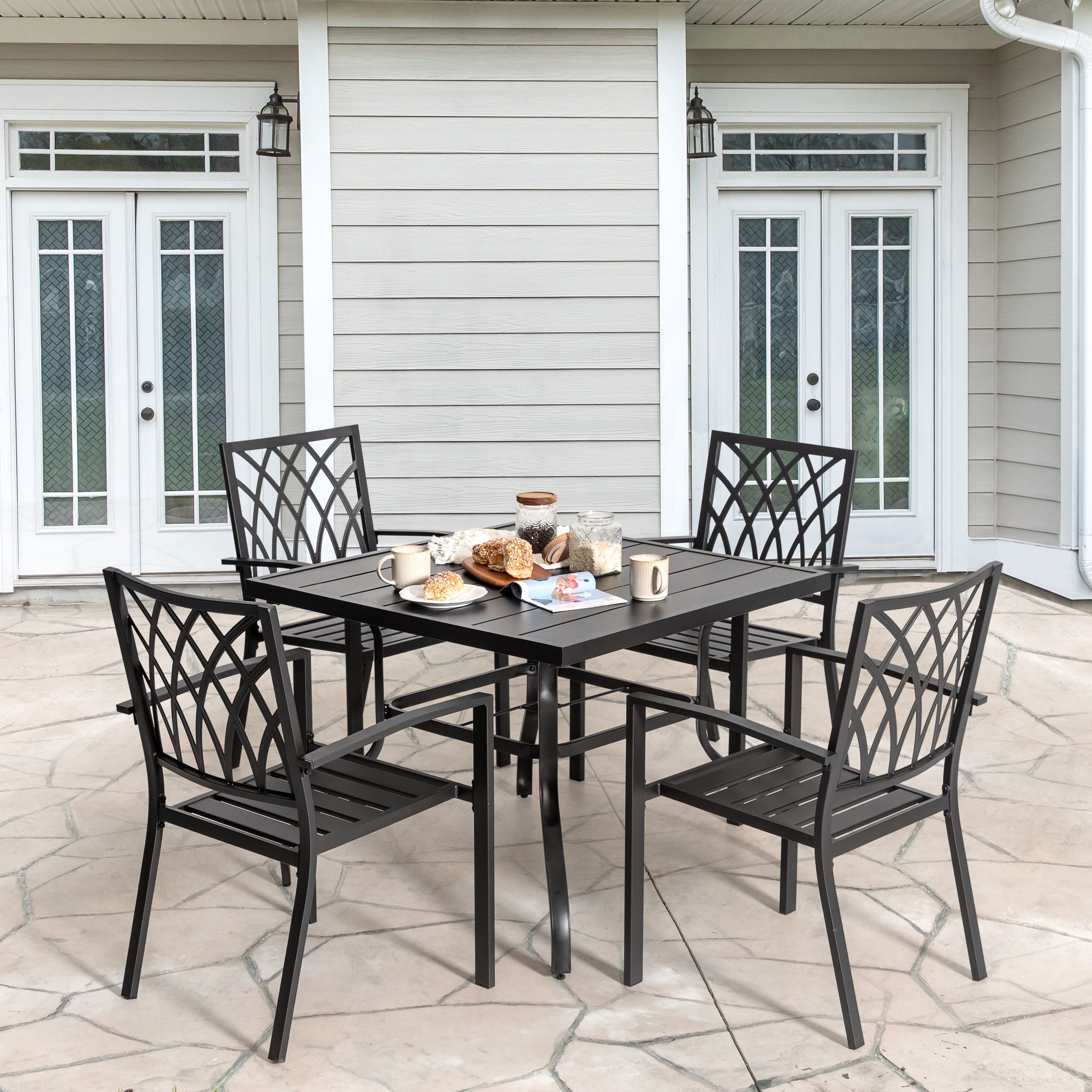 Modern Black Iron 5-Piece Outdoor Dining Set with Square Table