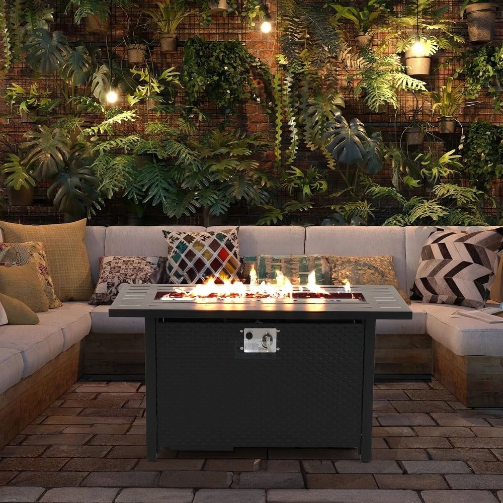 Black Rectangular Gas Fire Pit Table with Glass Wind Guard