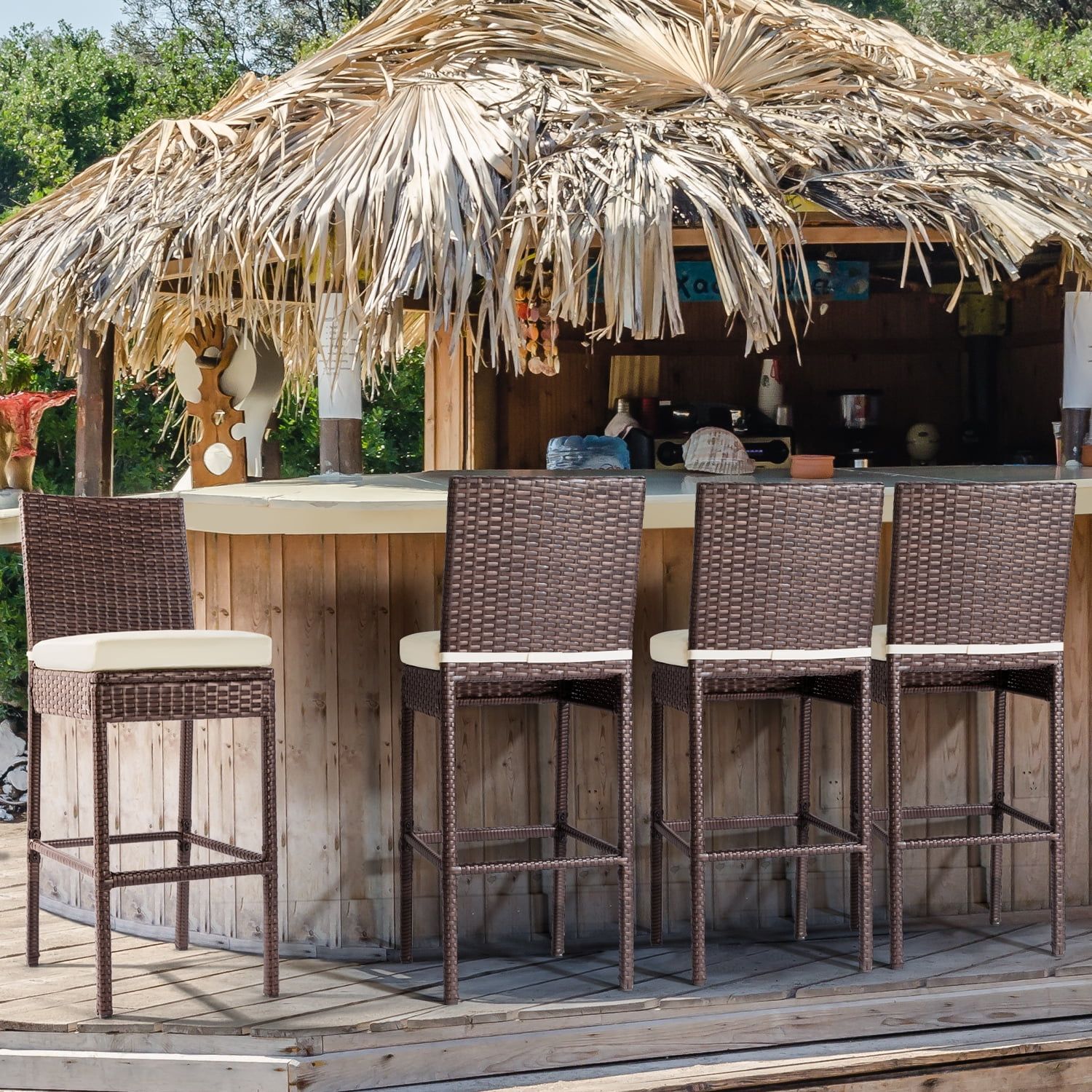 Set of 4 Brown Wicker Patio Bar Stools with Cream Cushions