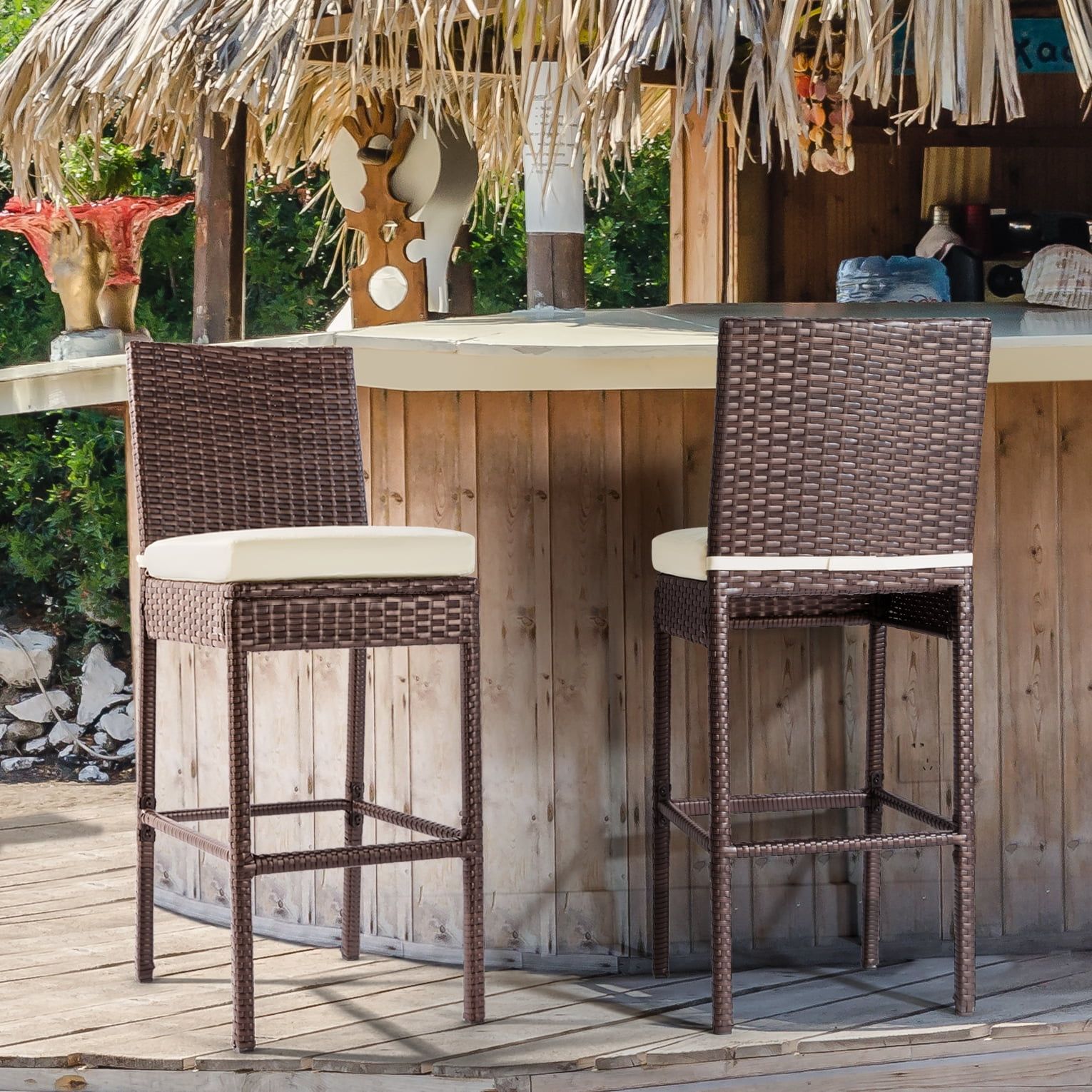 Brown Wicker Outdoor Bar Stools with Cream Cushions, Set of 2