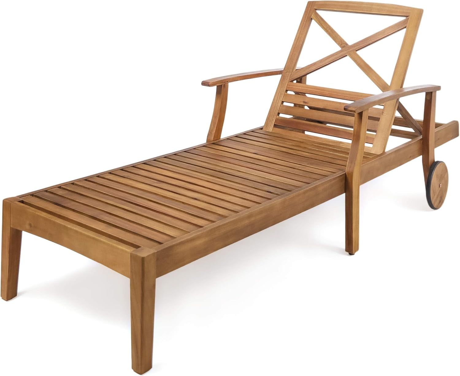 Teak Finished Acacia Wood Outdoor Chaise Lounge with Wheels