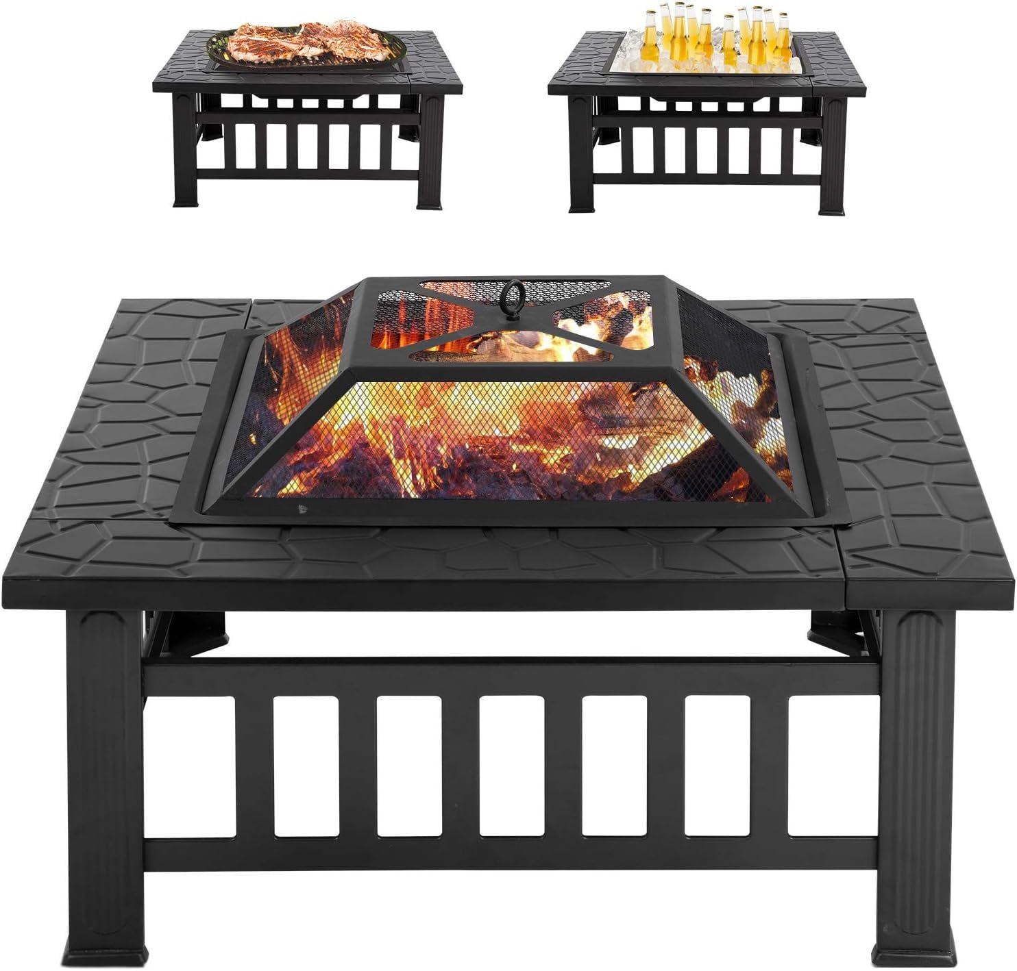 32" Charcoal Iron Square Fire Pit with Mesh Screen