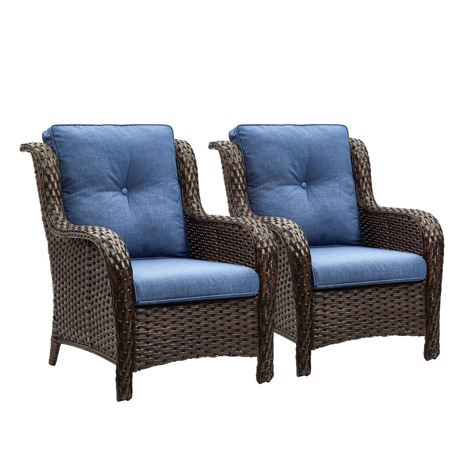 Brown Wicker Patio Chairs with Blue Cushions, Set of 2