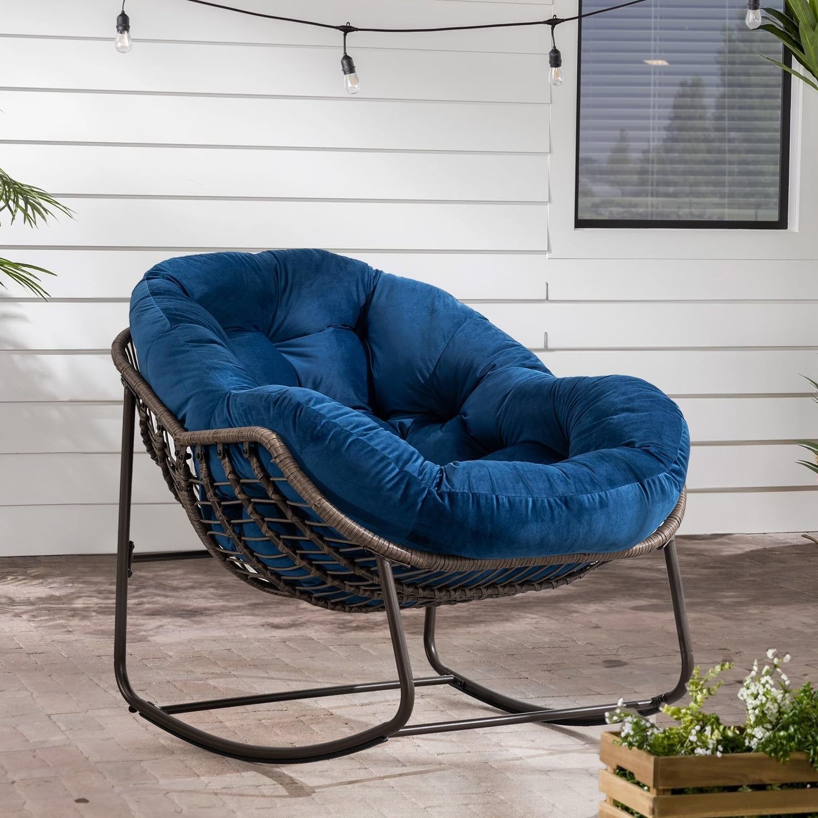 Oversized Navy Blue Rattan Rocking Chair with Cushions
