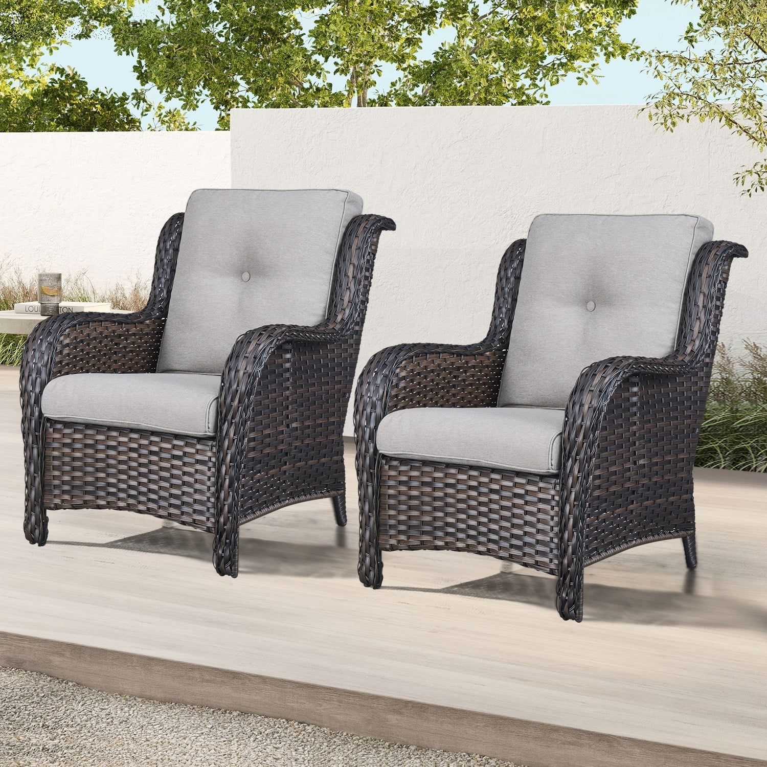 Outdoor Brown Rattan Patio Chairs with Beige Cushions, Set of 2