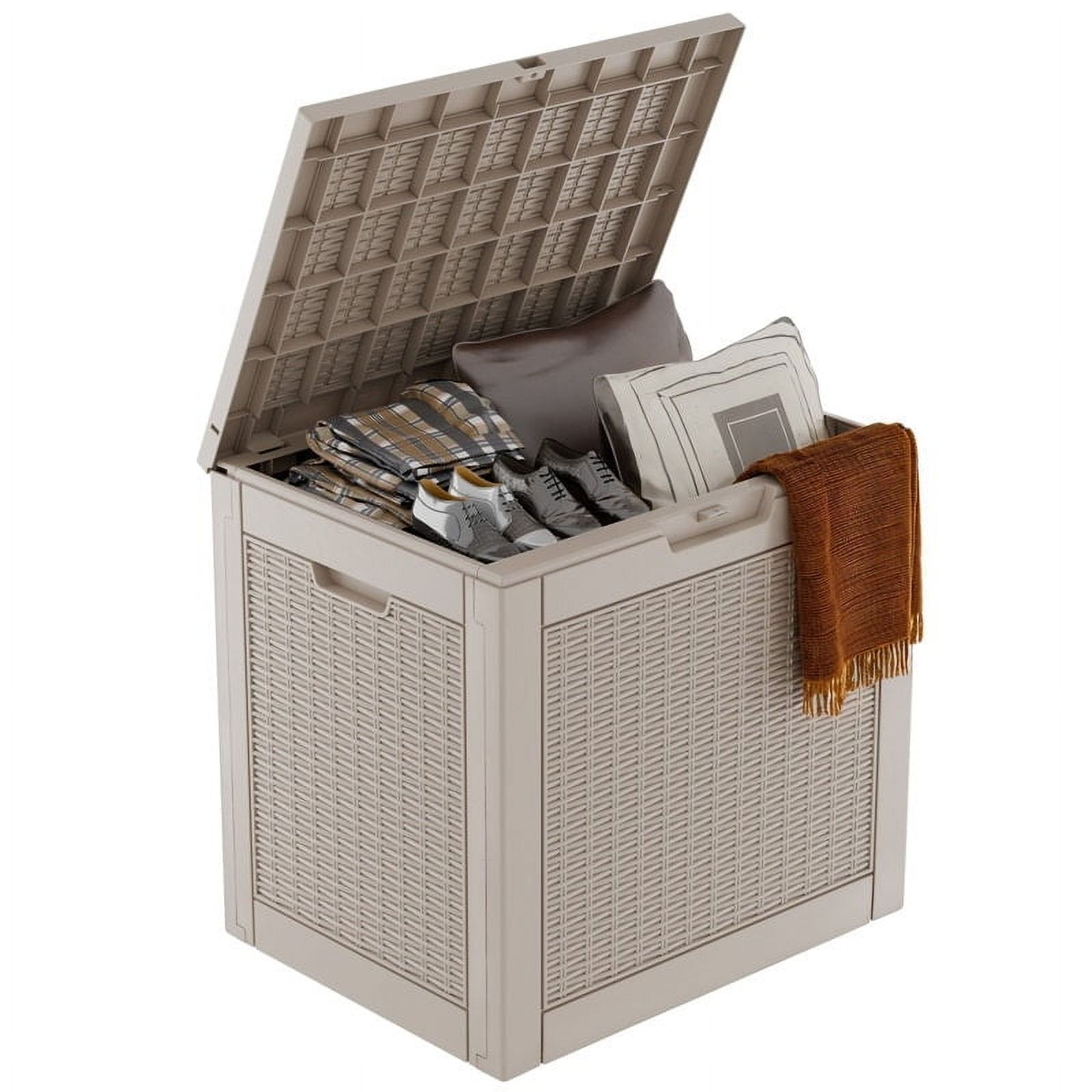 Beige Plastic Wicker Lockable Deck Storage Box 32 Gallon