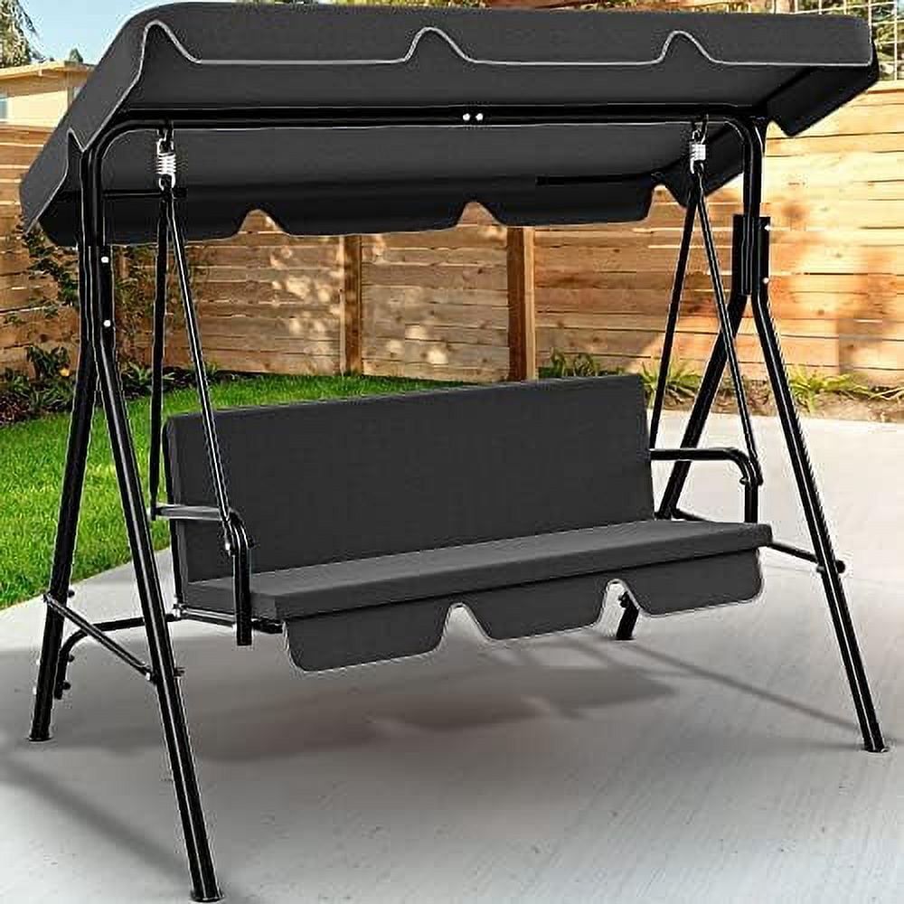 Black Steel 3-Person Outdoor Patio Swing with Adjustable Canopy