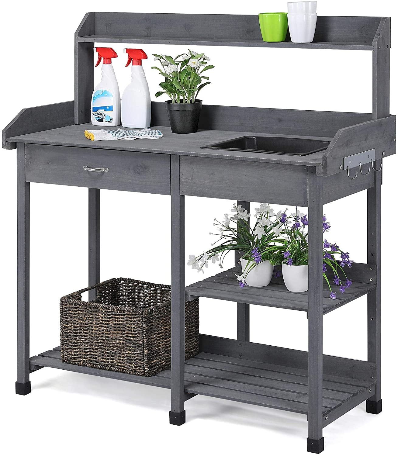 Gray Cedar Wood Outdoor Potting Bench with Sink and Shelves