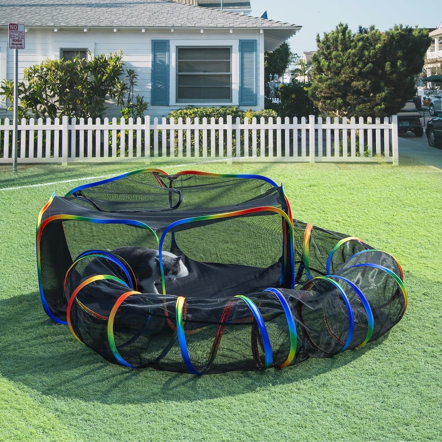 Rainbow Mesh and Plastic Outdoor Cat Tent with Tunnel