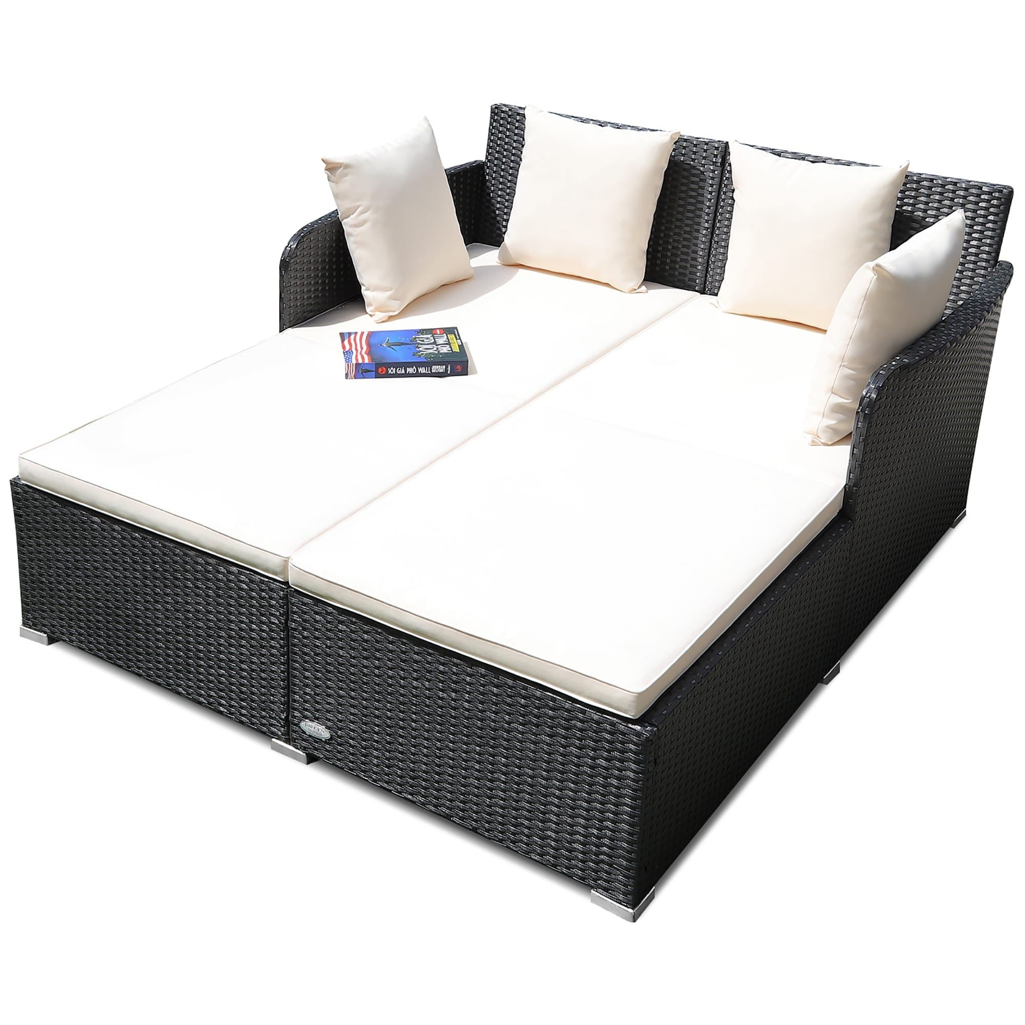 Outdoor Black Rattan Daybed with Beige Cushions