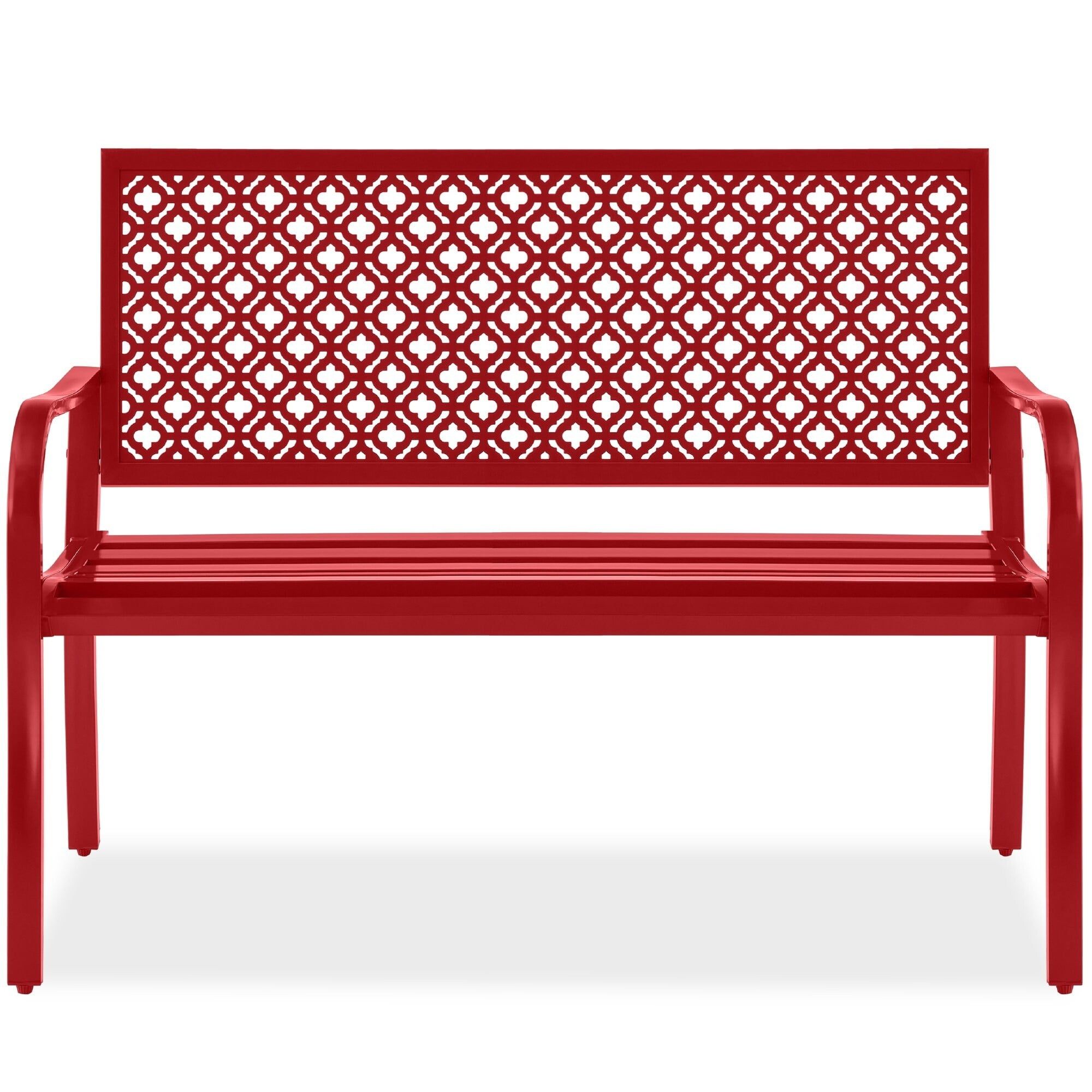 Red Steel Geometric Backrest Outdoor Patio Bench