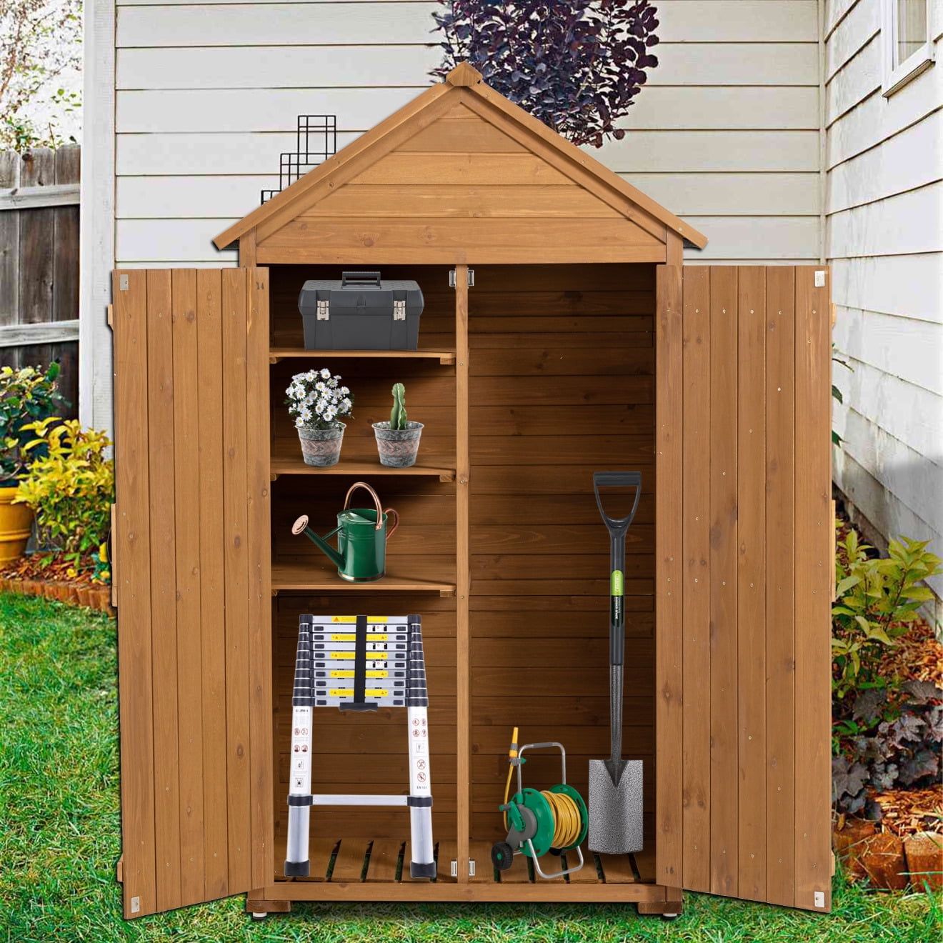 Brown Cedar Wood Outdoor Storage Shed with Shelves