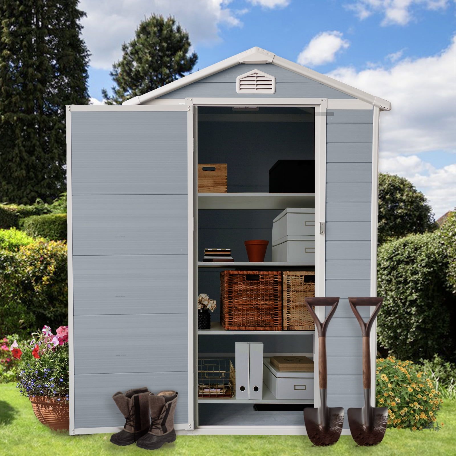 Gray Resin Outdoor Storage Shed Kit with Windows