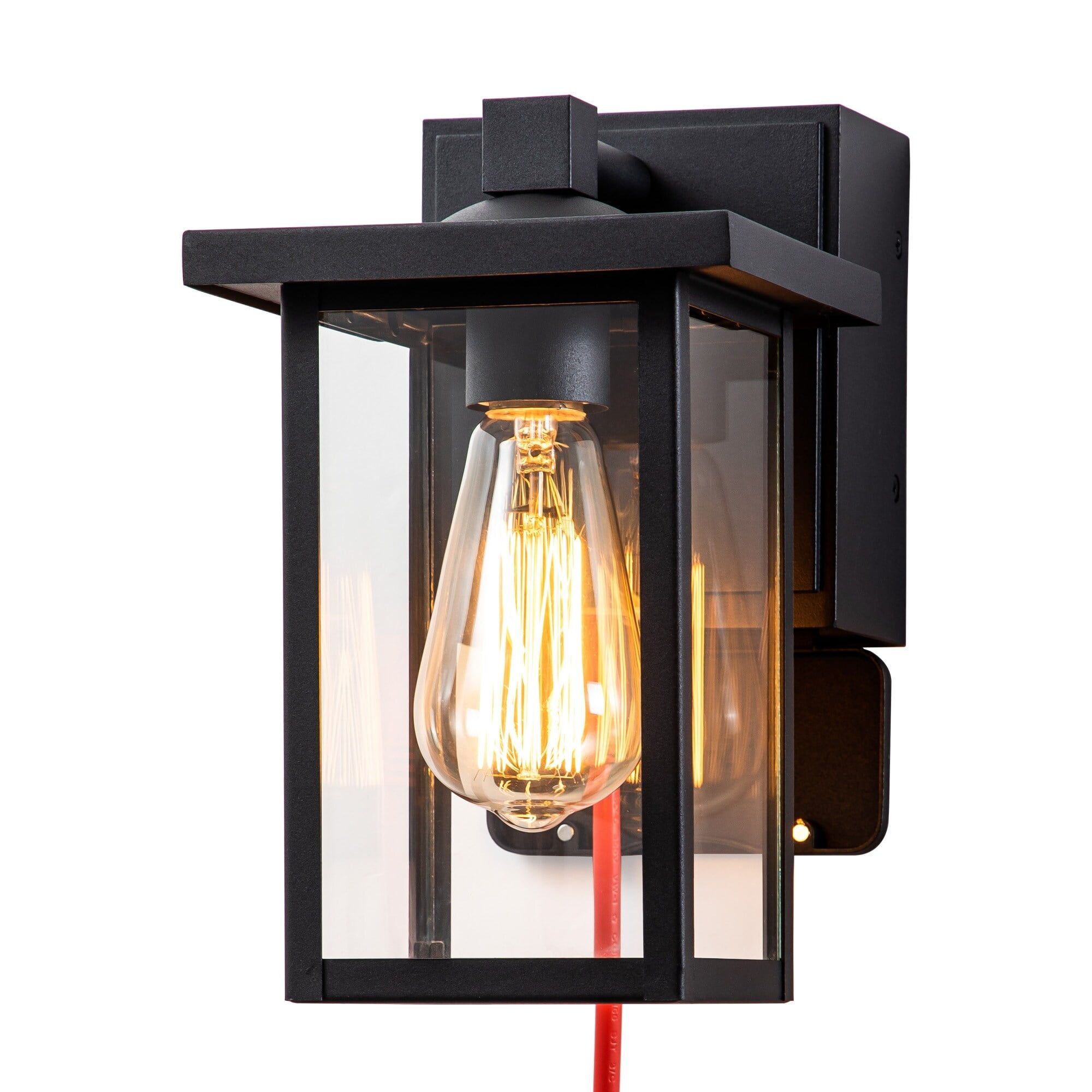 Black Aluminum Lantern Style Plug-In Wall Sconce with GFCI Outlet