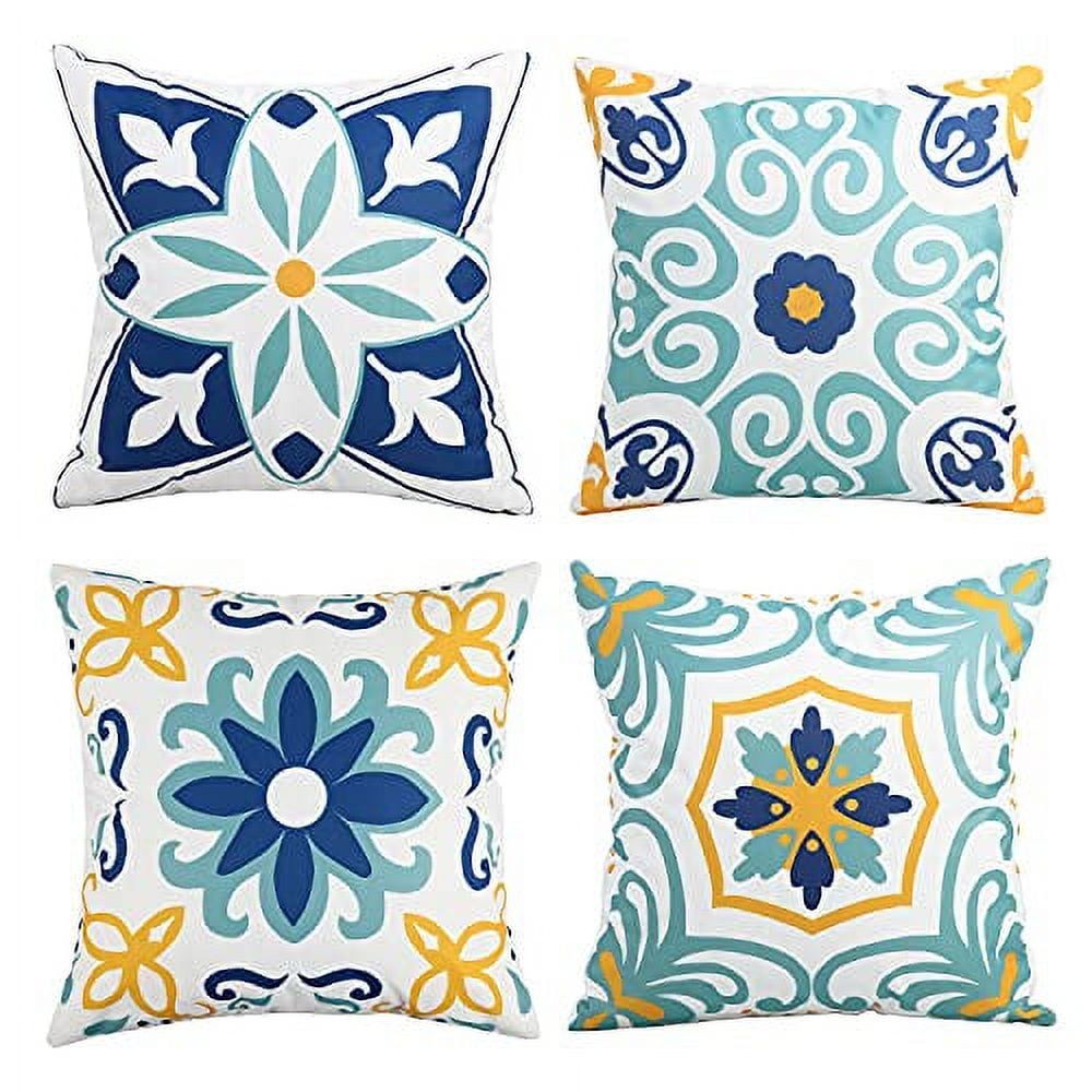 Set of 4 Blue and Yellow Boho Floral Waterproof 18" Square Pillow Covers