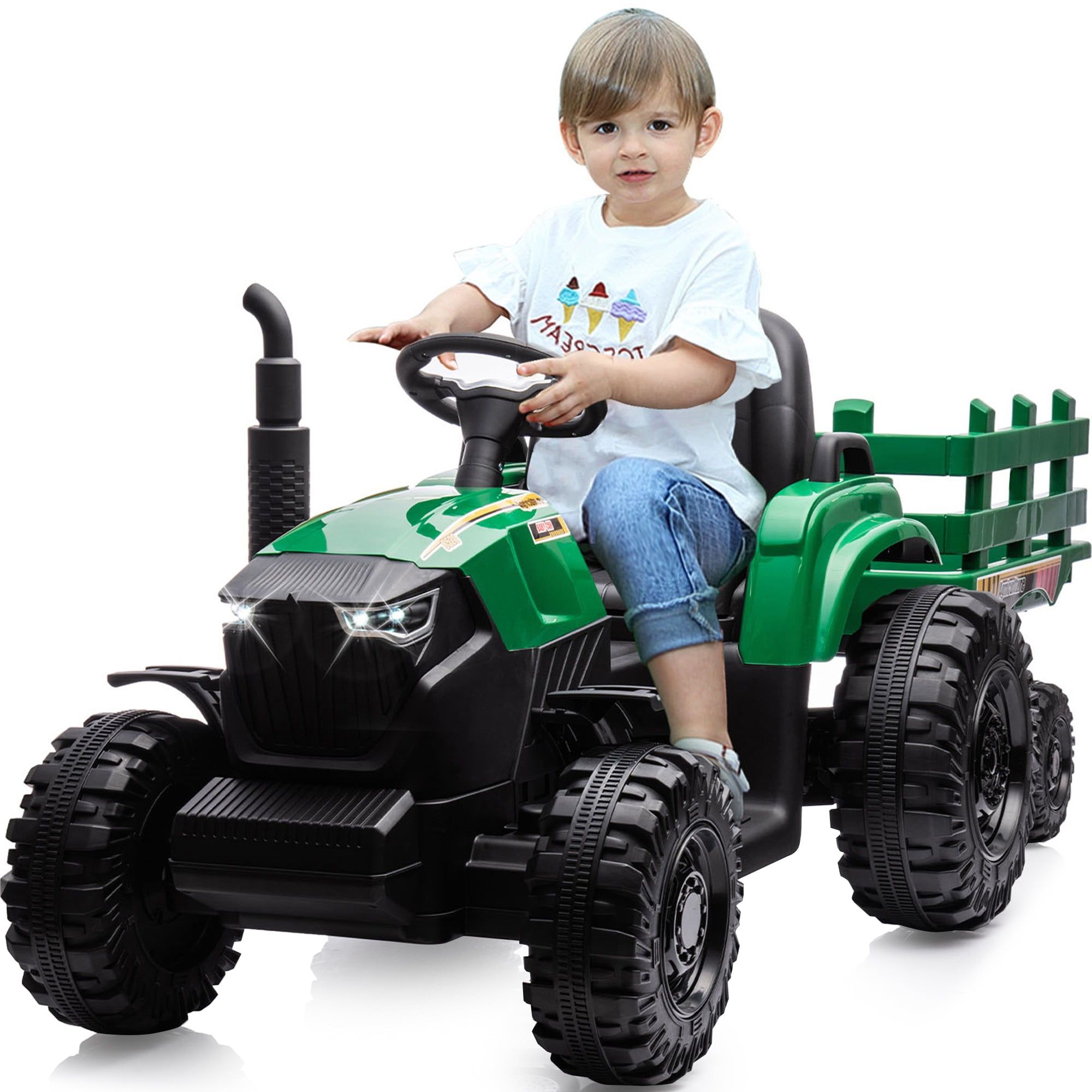 Green 24V Ride-On Tractor with Trailer and Remote