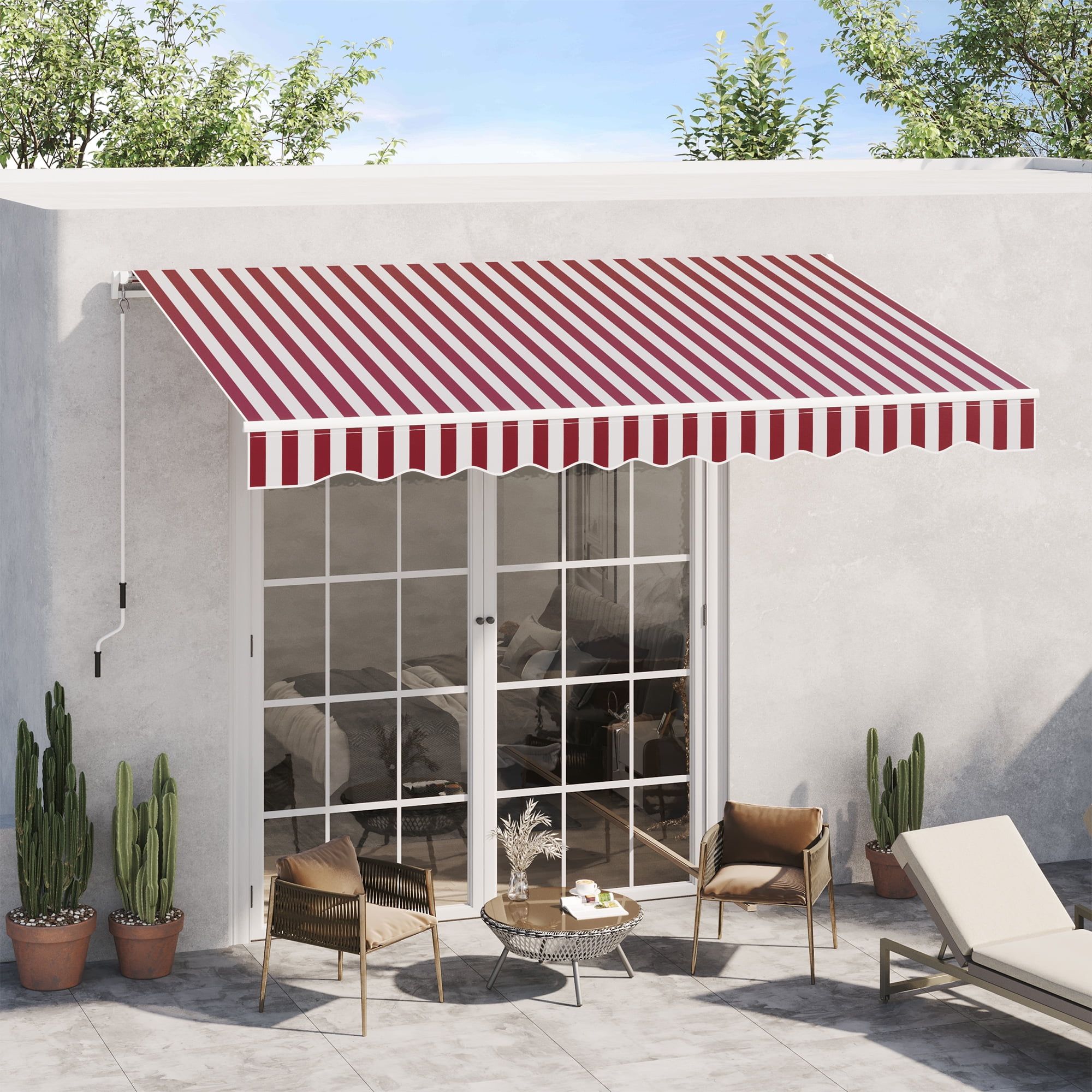 Wine Red Striped 10' x 8' Retractable Patio Awning with Aluminum Frame