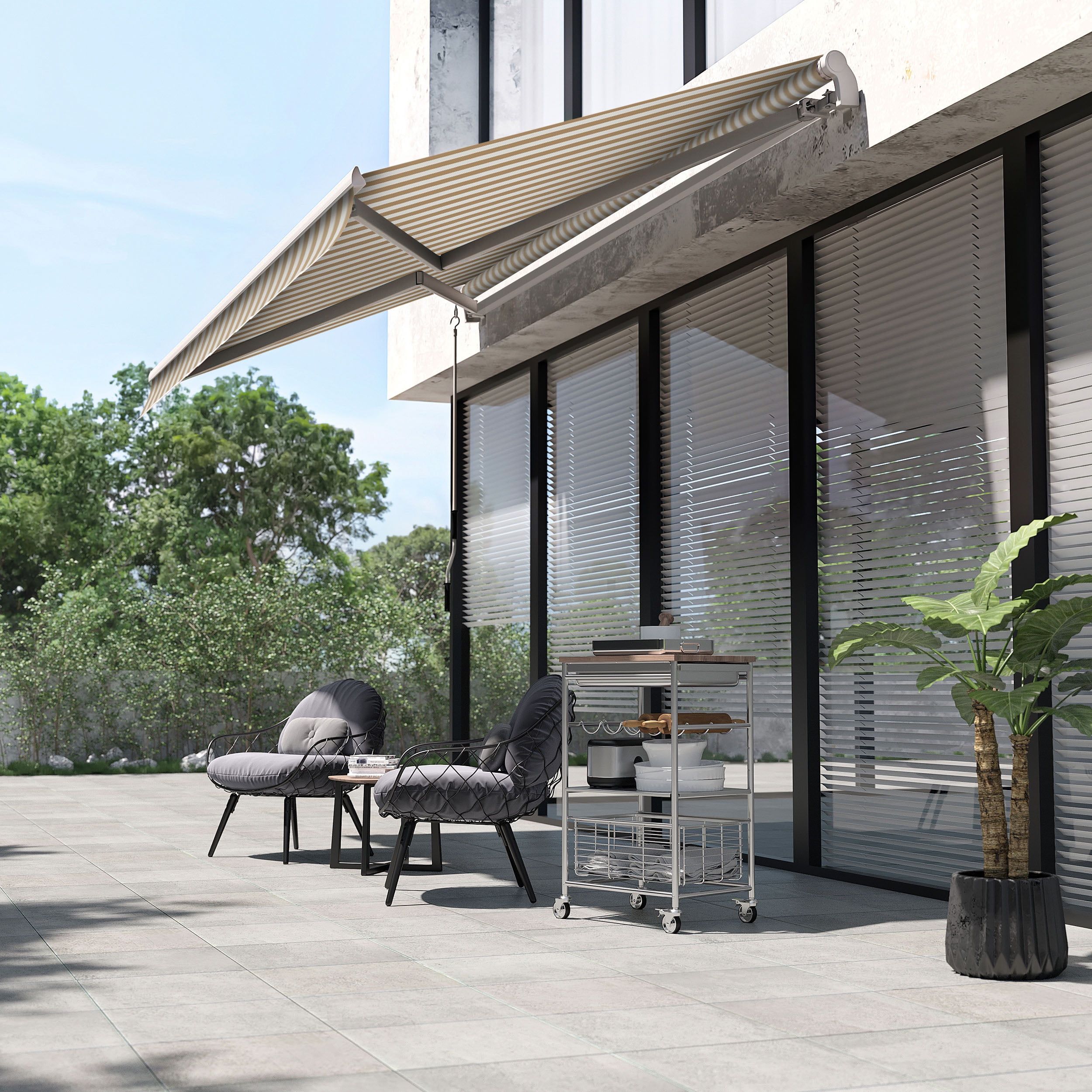 Beige and White 12' x 10' Retractable Aluminum Patio Awning