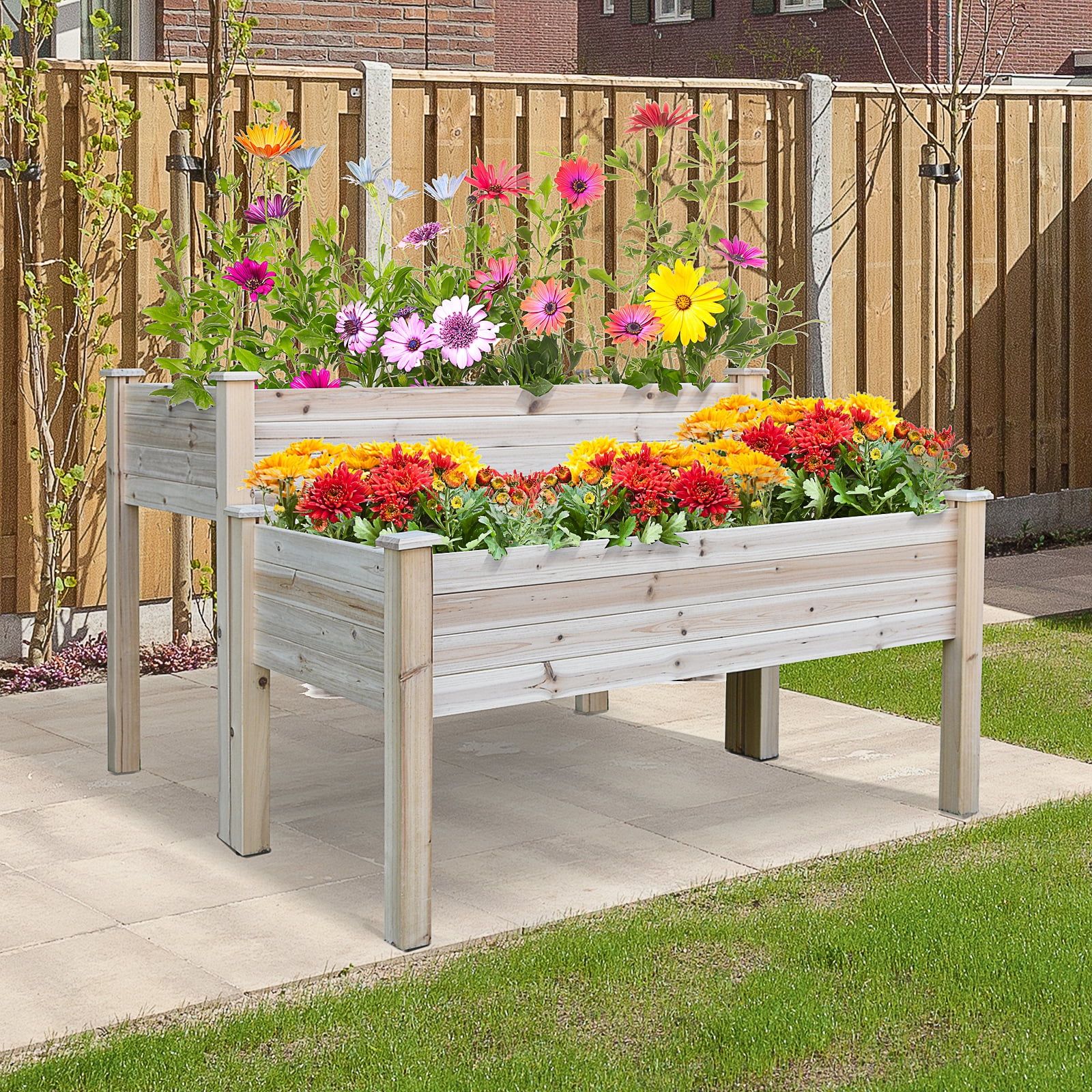 Natural Fir Wood 2-Tier Elevated Garden Planter Box