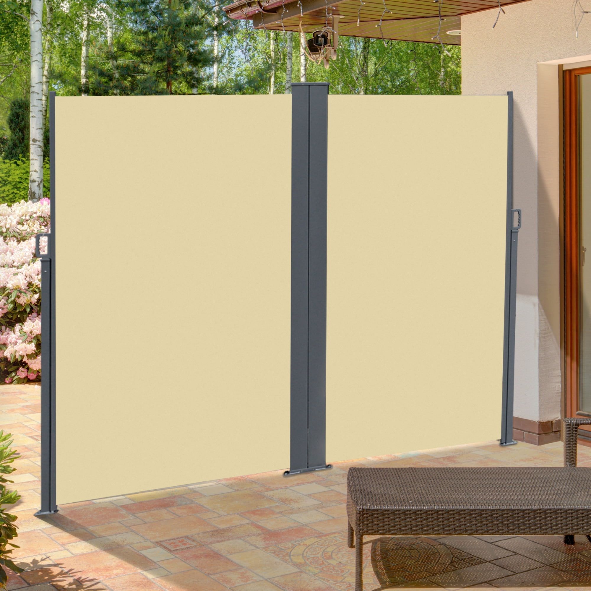 Beige Double Retractable Patio Side Awning with Steel Frame