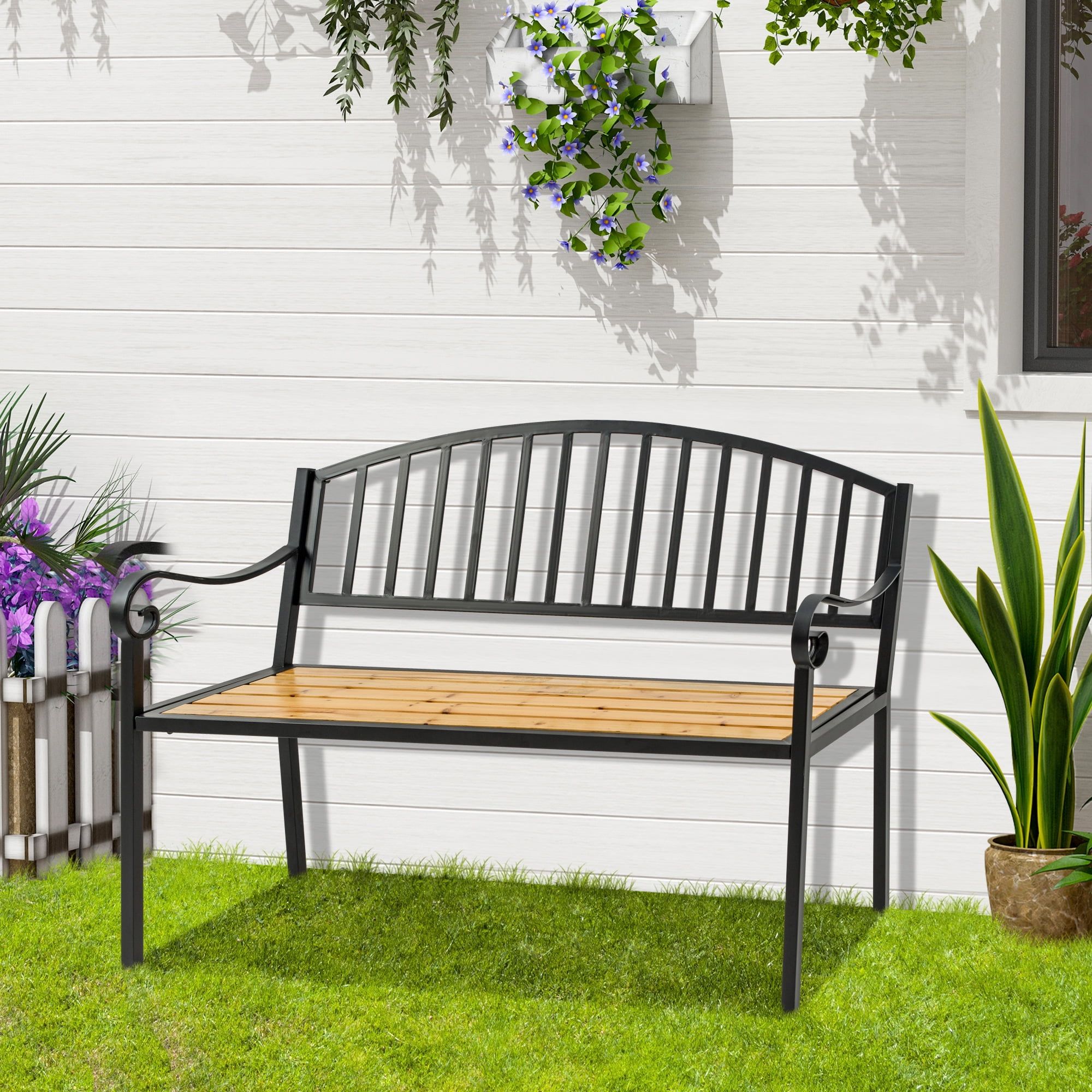 Antique Black Steel and Wood Garden Bench, 127 cm