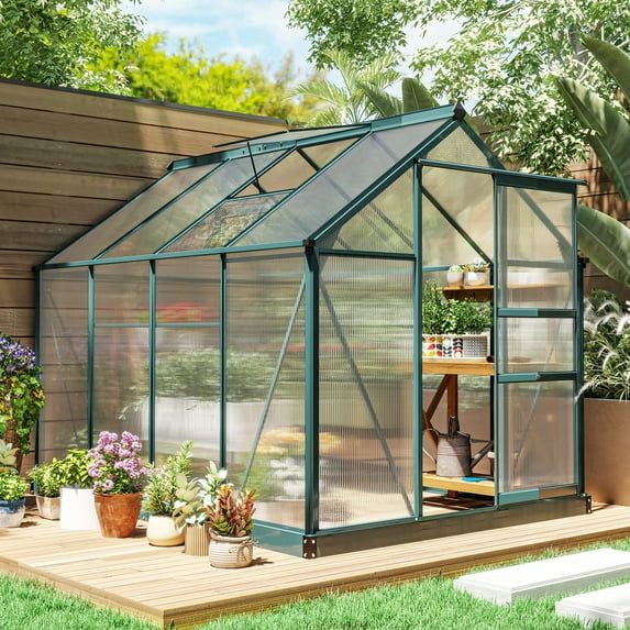 Dark Green Polycarbonate Walk-In Greenhouse with Aluminum Frame