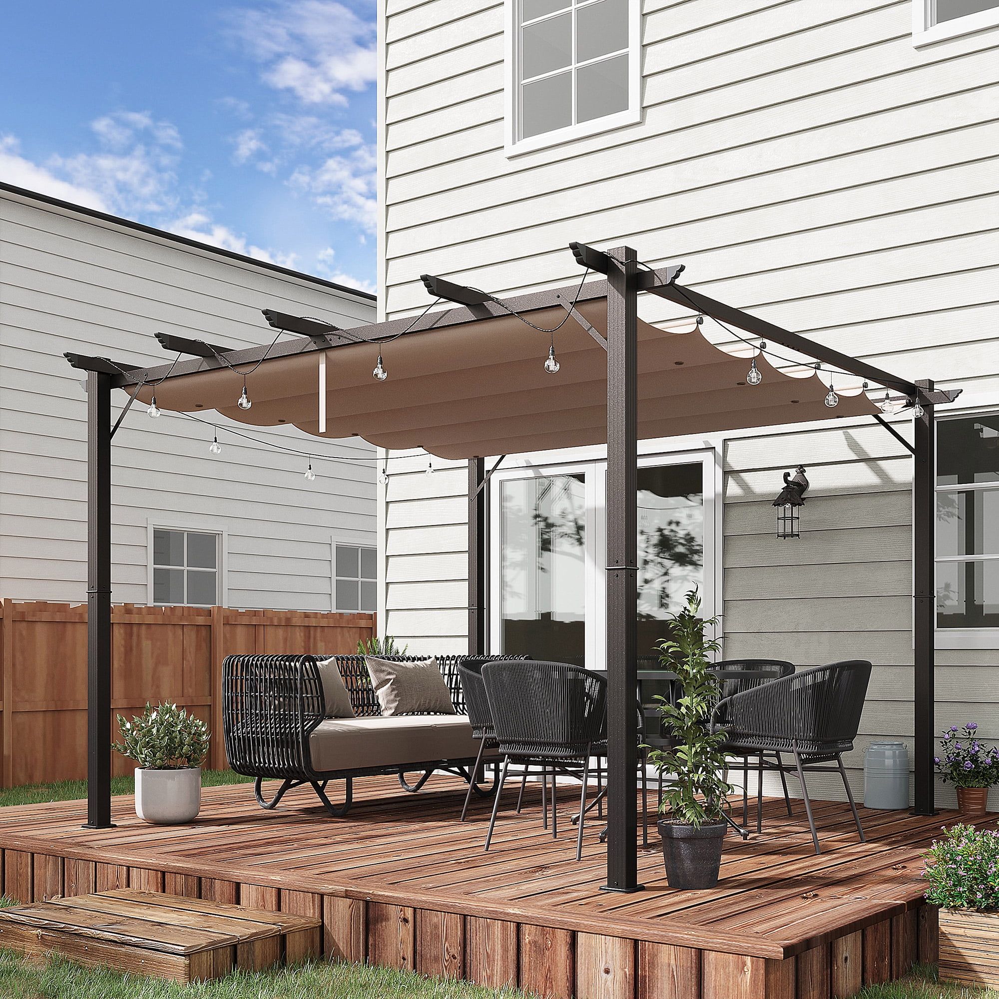 Brown Aluminum Pergola with Retractable Canopy, 7.3' x 9.8'