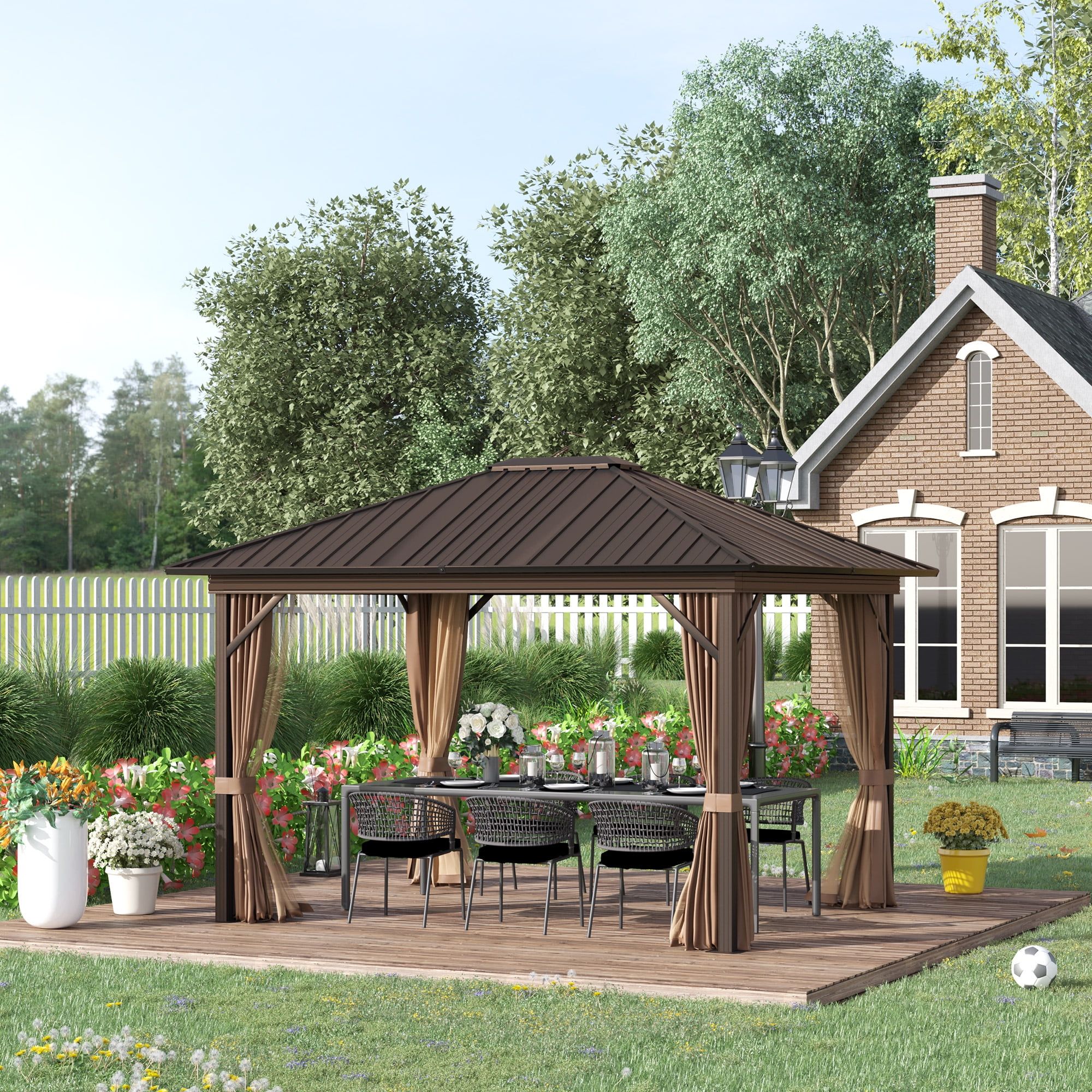 Brown Aluminum and Steel Hardtop Gazebo with Mesh Curtains