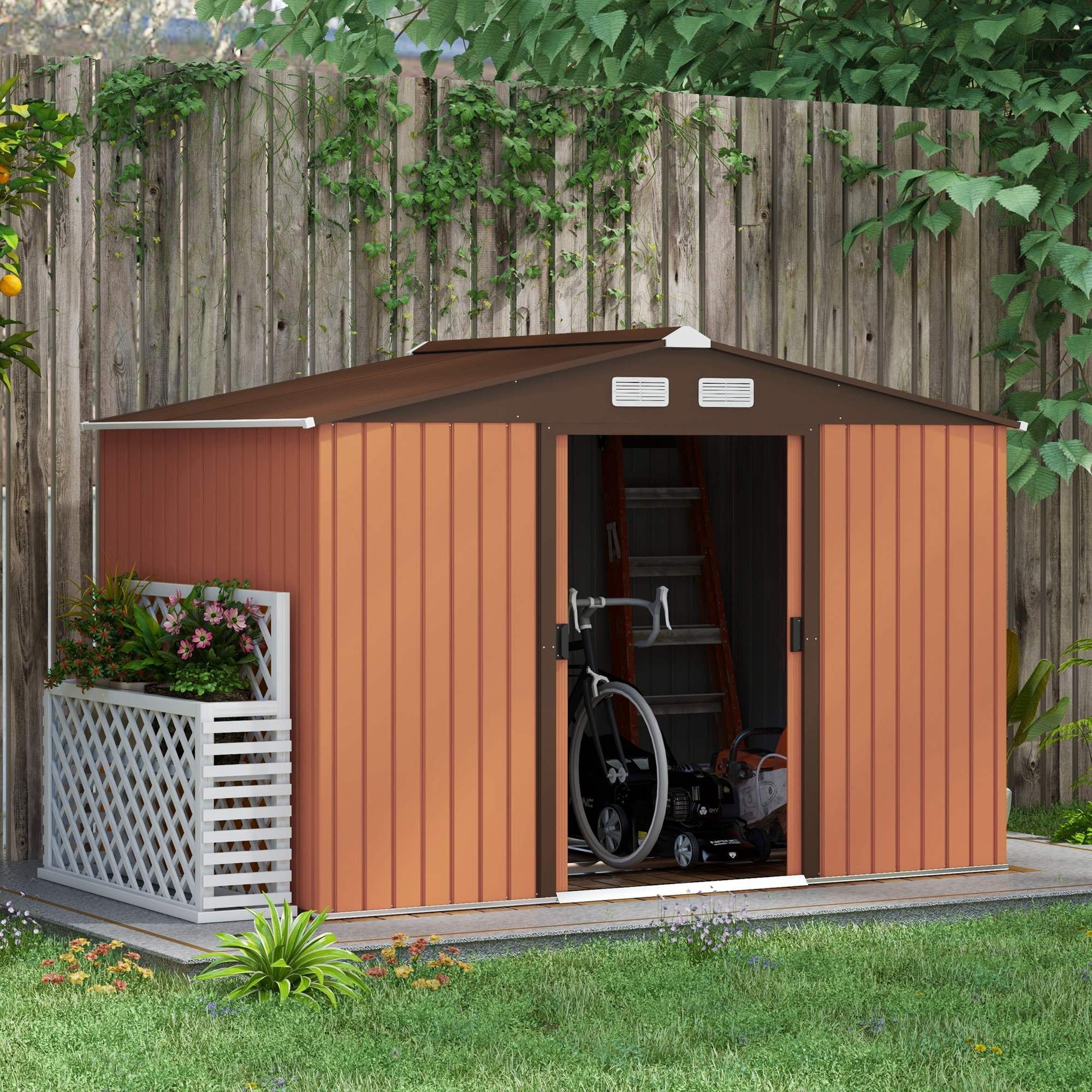 Brown Metal Outdoor Storage Shed with Windows and Kit