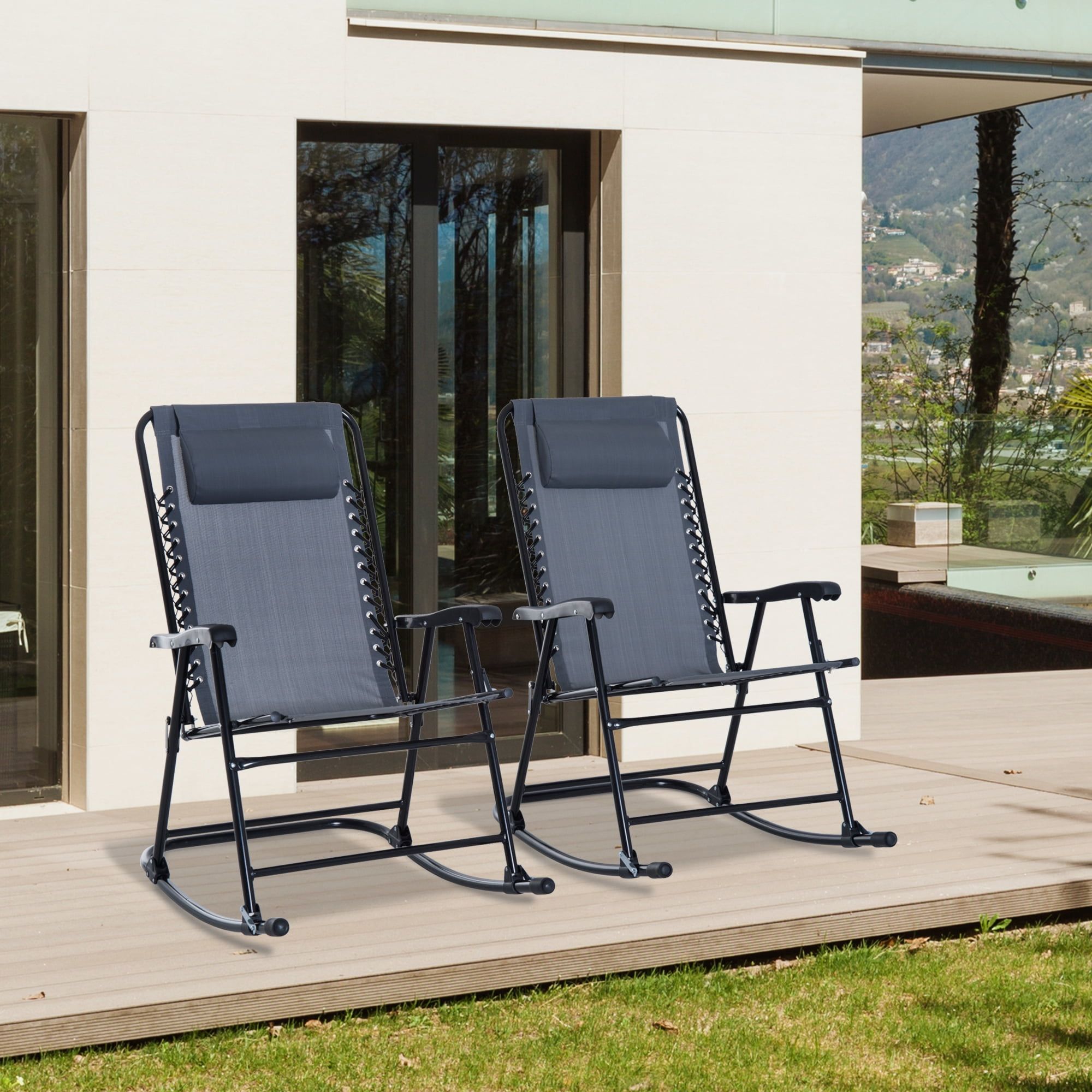 Gray Folding Outdoor Rocking Chair Set with Headrests