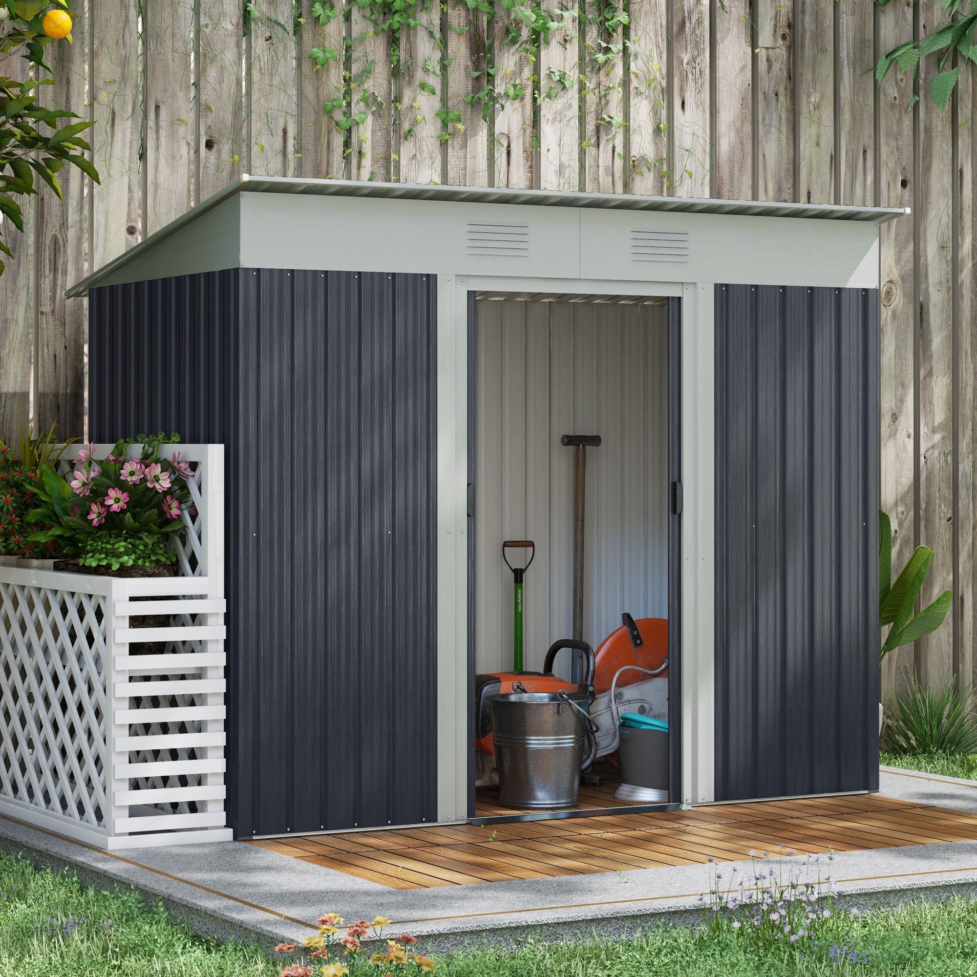 Gray and White Medium Metal Lean-to Storage Shed with Windows