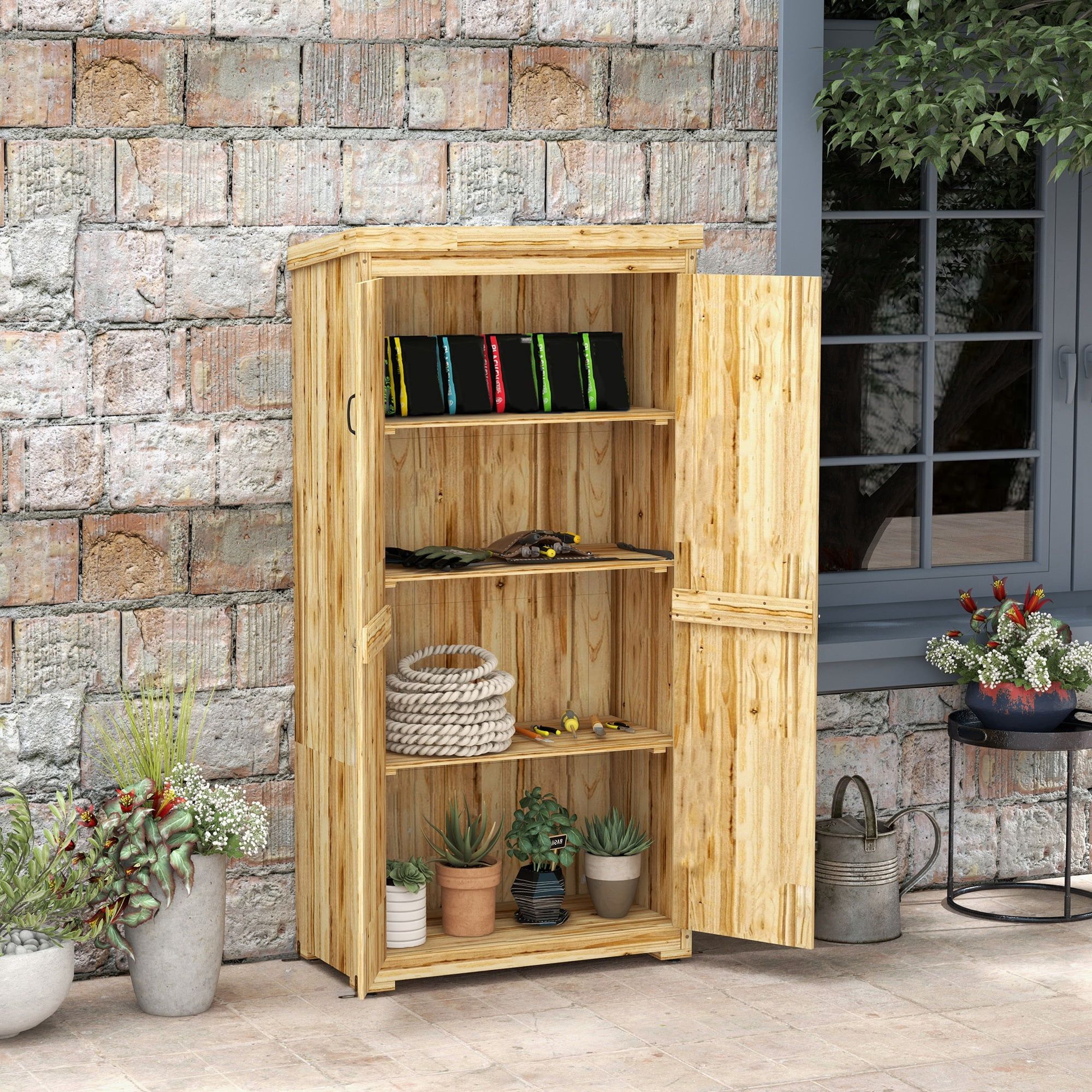 Natural Brown Wooden Outdoor Storage Cabinet with Shelving