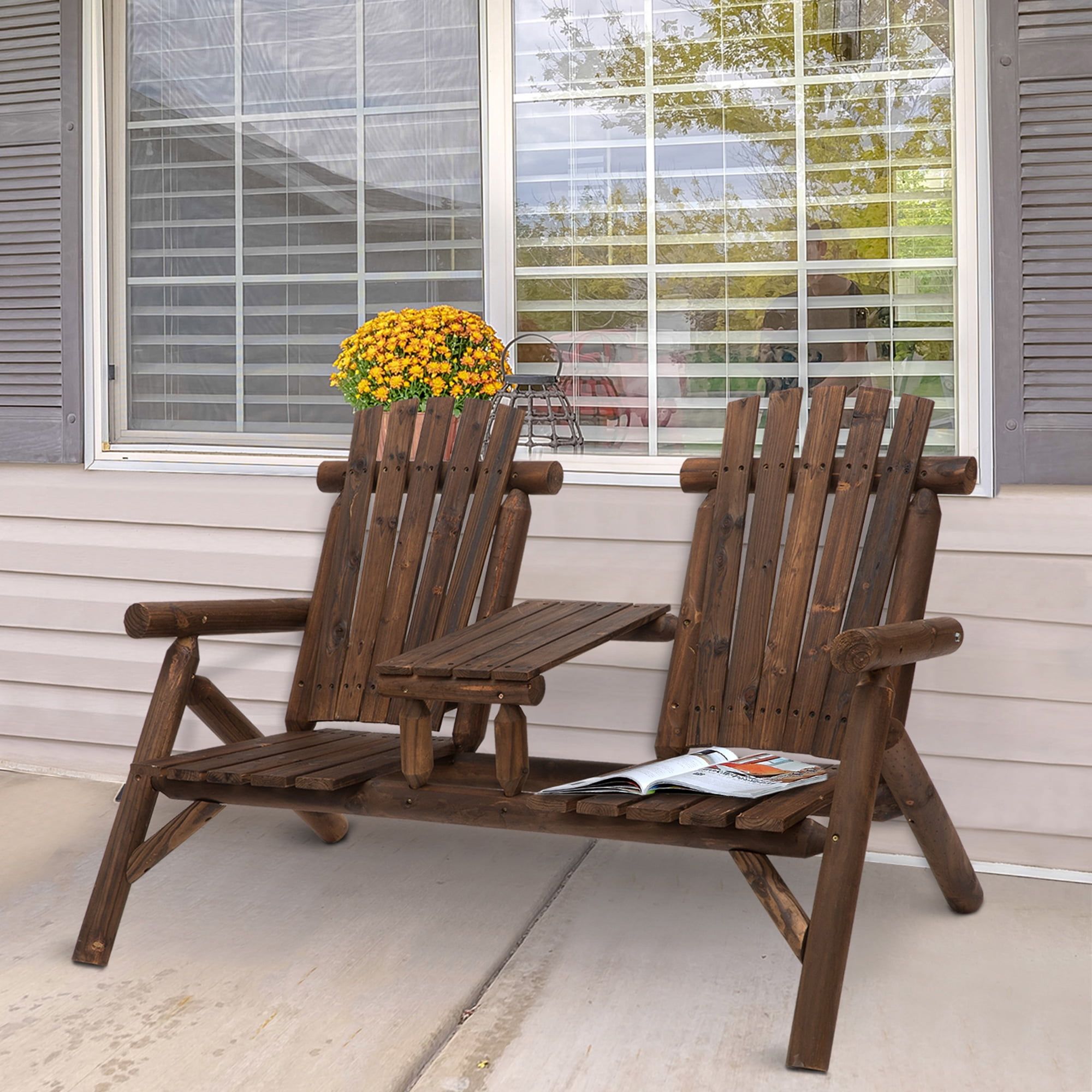 Rustic Twin-Seater Adirondack Bench with Integrated Table